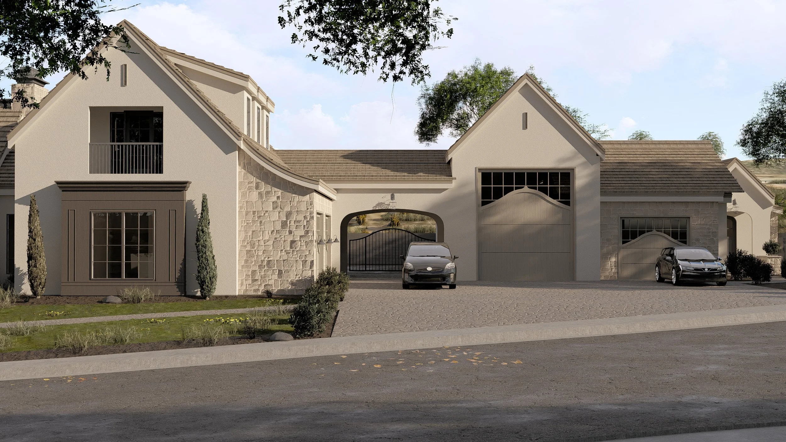 A modern house with a white exterior, stone accents, and multiple gabled roofs. Two cars are parked in the driveway, and there is a gated entrance in the center of the house. The landscaping includes small bushes and trees.