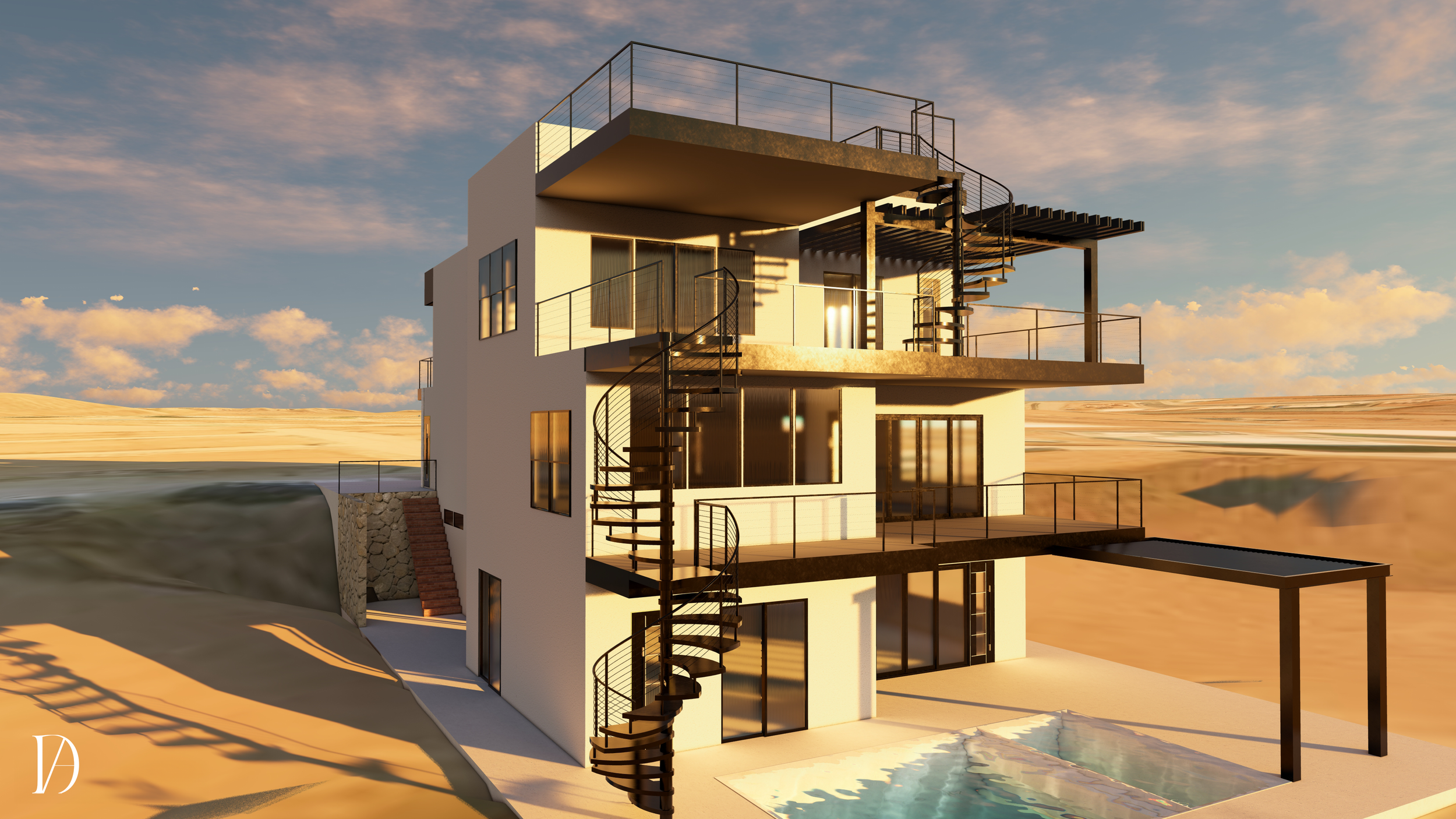 Modern three-story house with multiple exterior balconies and a rooftop deck, situated next to a pool in a desert landscape during sunset.