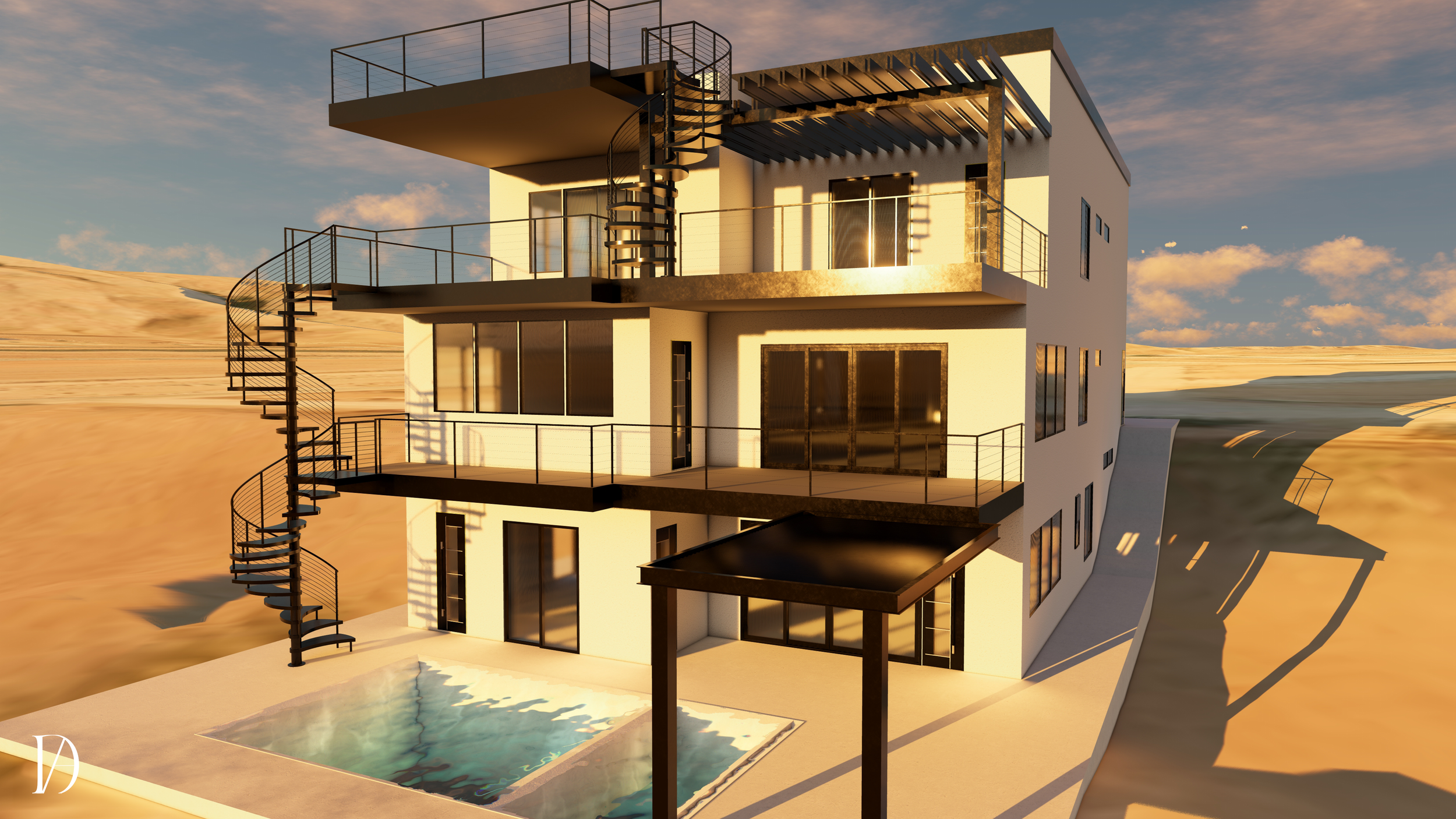 Modern multi-story house with outdoor spiral staircases, large windows, a balcony, and a swimming pool, set against a desert landscape during sunset.