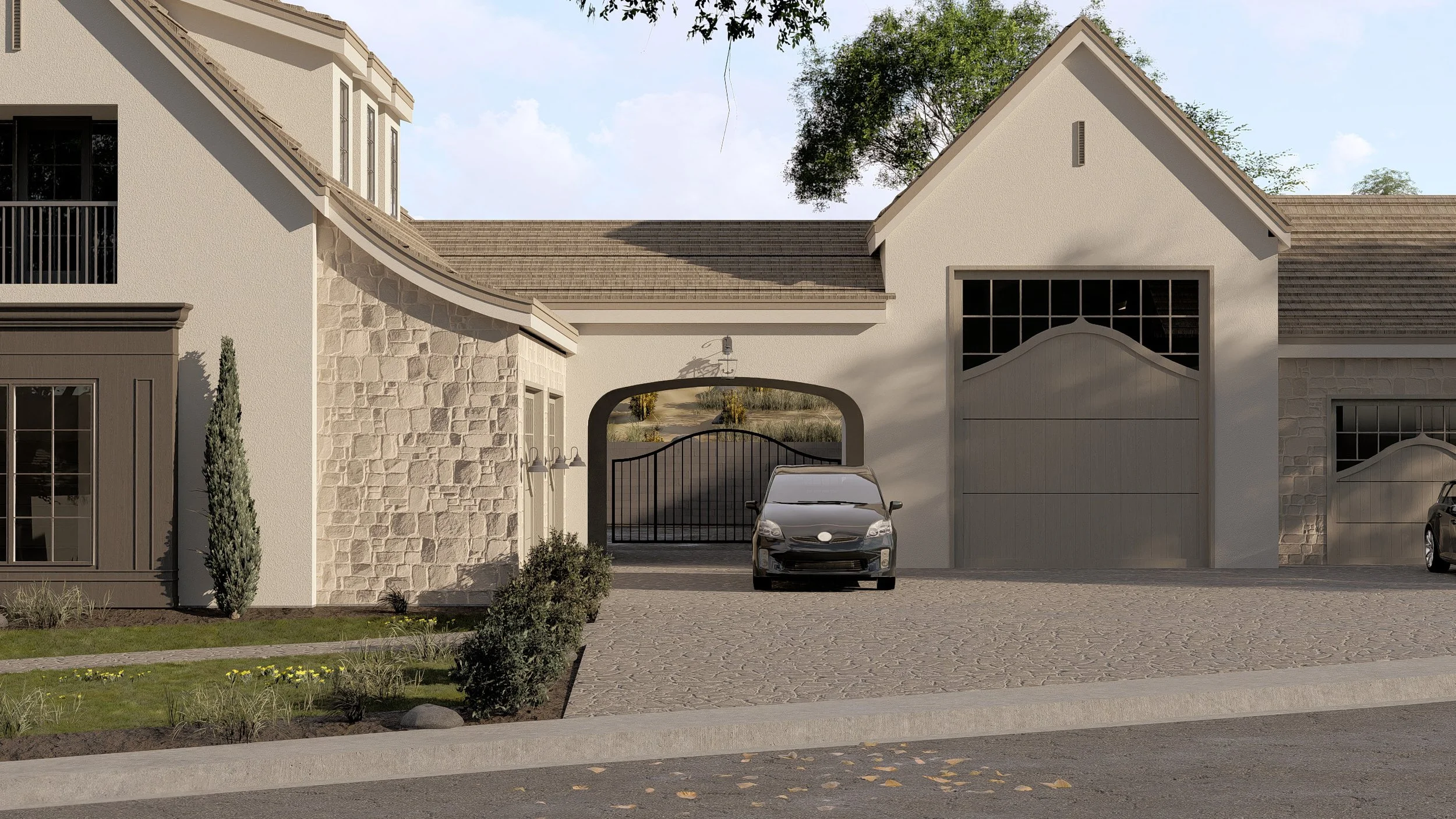 Front view of a modern house with a stone and stucco exterior, a gated driveway, a parked car, and landscaped yard with shrubs and grass.