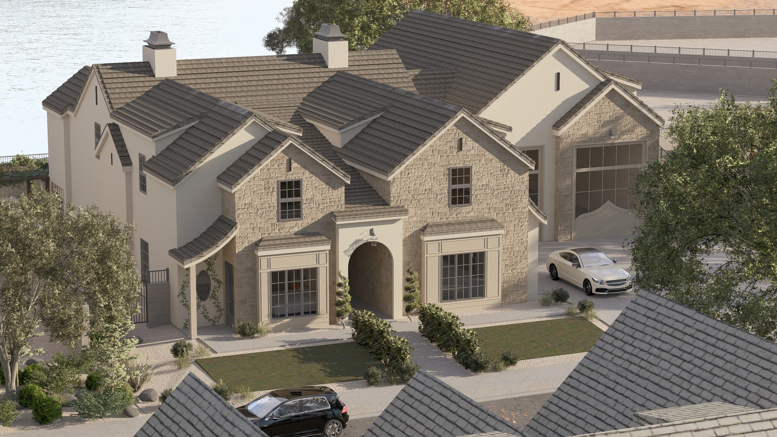 A modern two-story house with a stone and stucco facade, front yard with shrubbery, driveway with a white car, and trees nearby. The house has multiple gabled roofs and large windows.