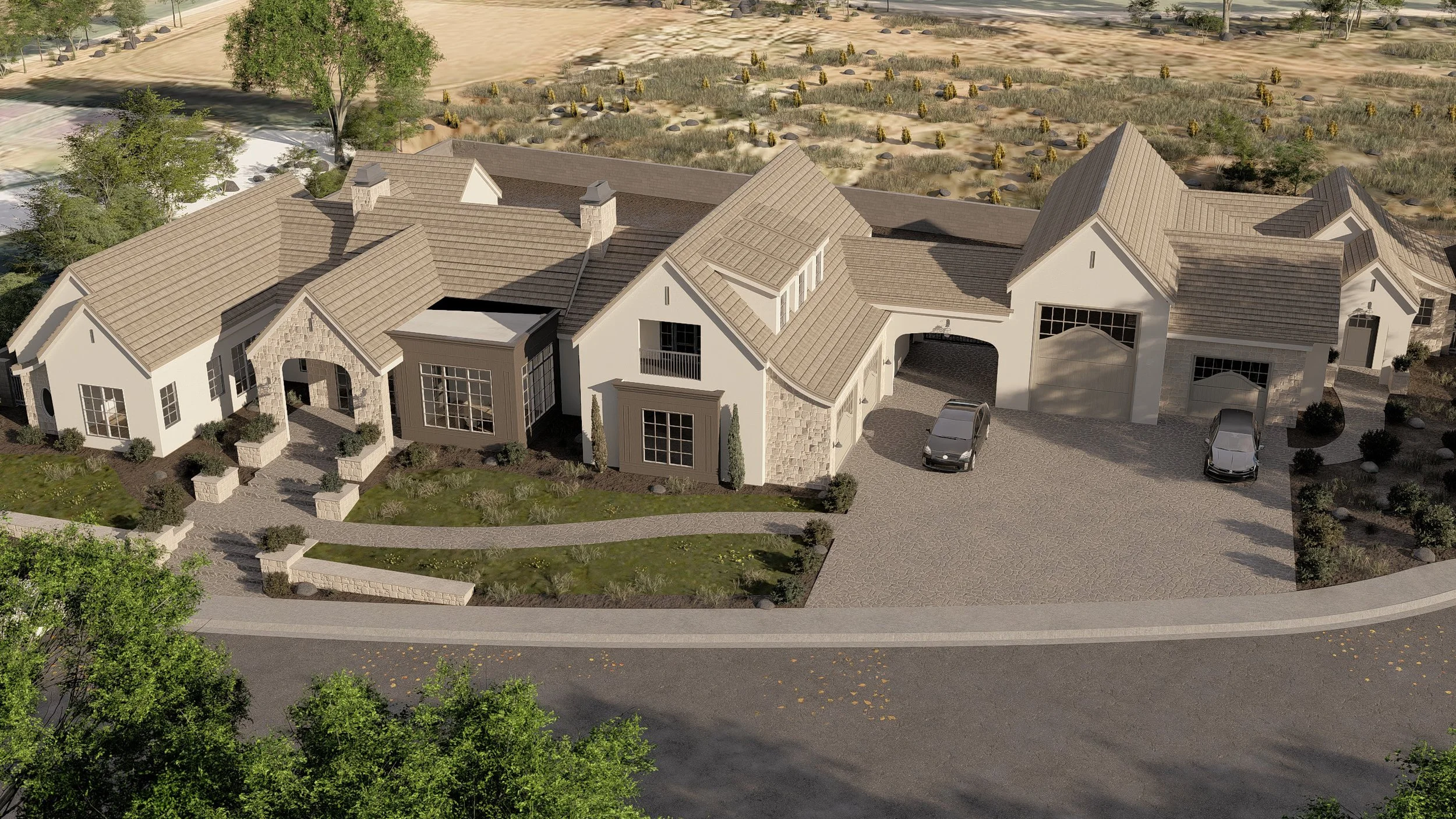 A large, modern house with multiple gable roofs, stone accents, and a spacious driveway with two cars parked. The house has a landscaped front yard with a curved walkway, trees, and bushes, and is set in a rural area with open land and sparse vegetat