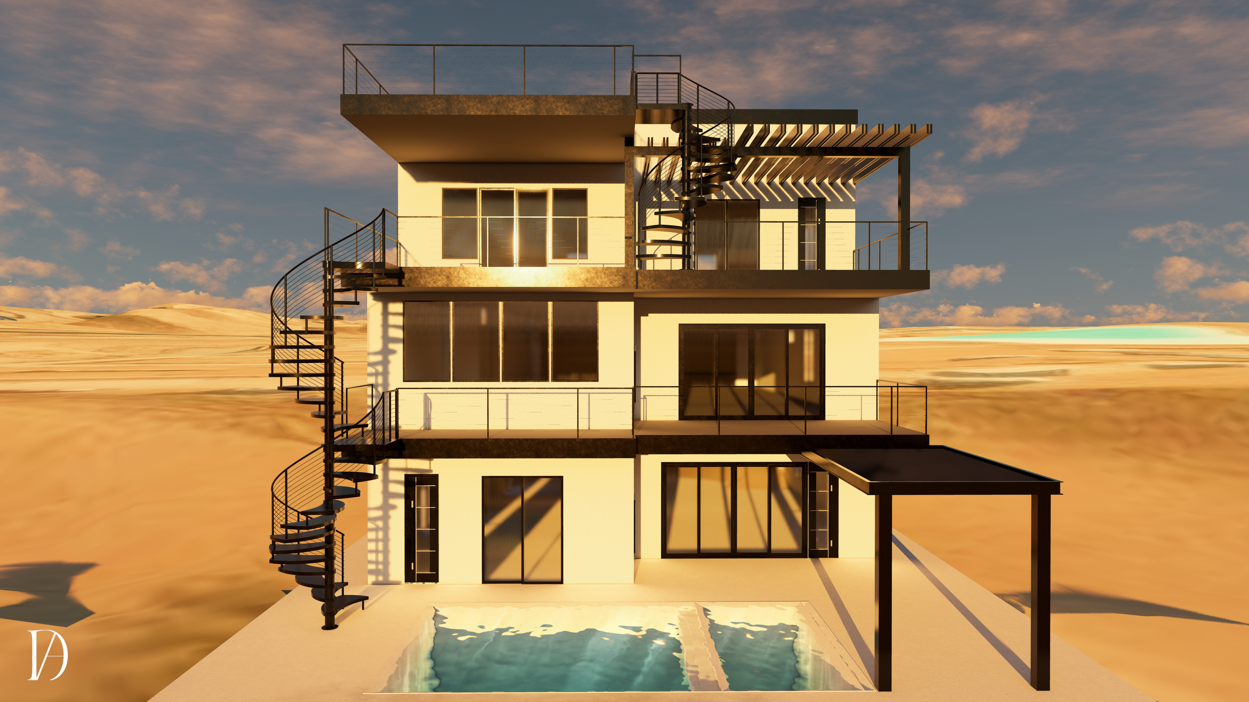 Modern multi-story house with outdoor pools, balconies, and spiral staircases in a desert landscape at sunset.