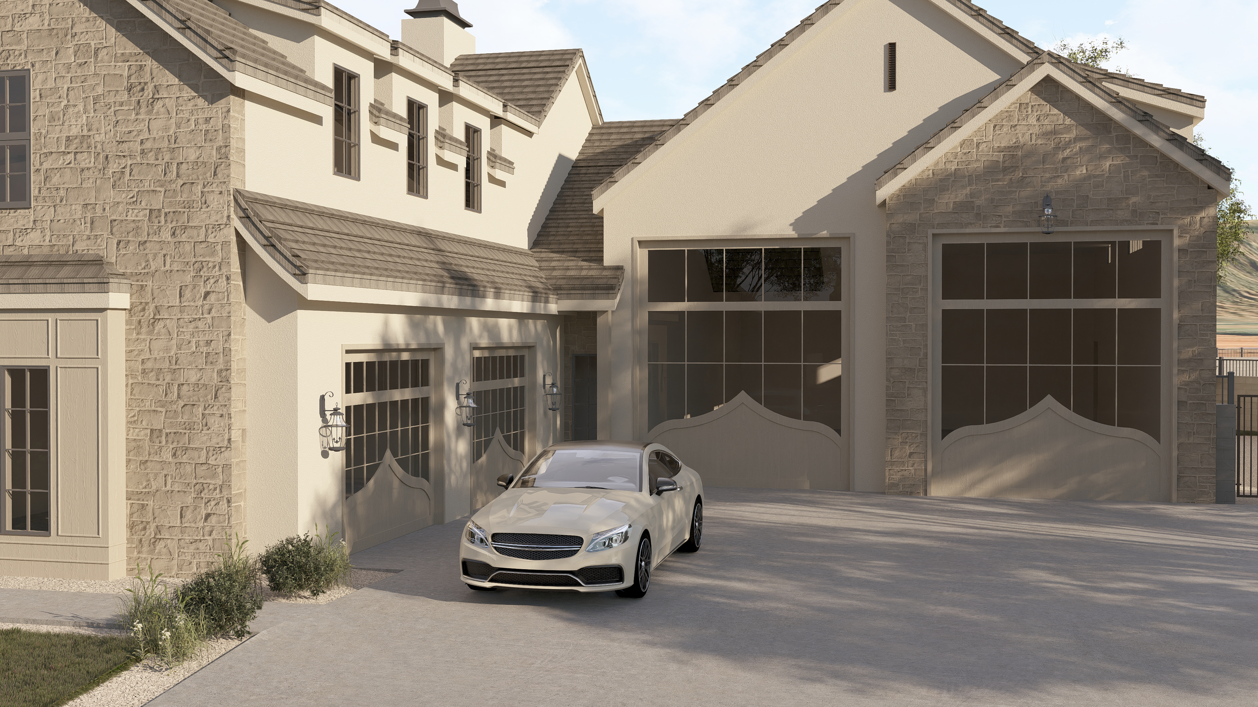 Modern house with stone and stucco exterior, garage doors, and a white car parked in the driveway.