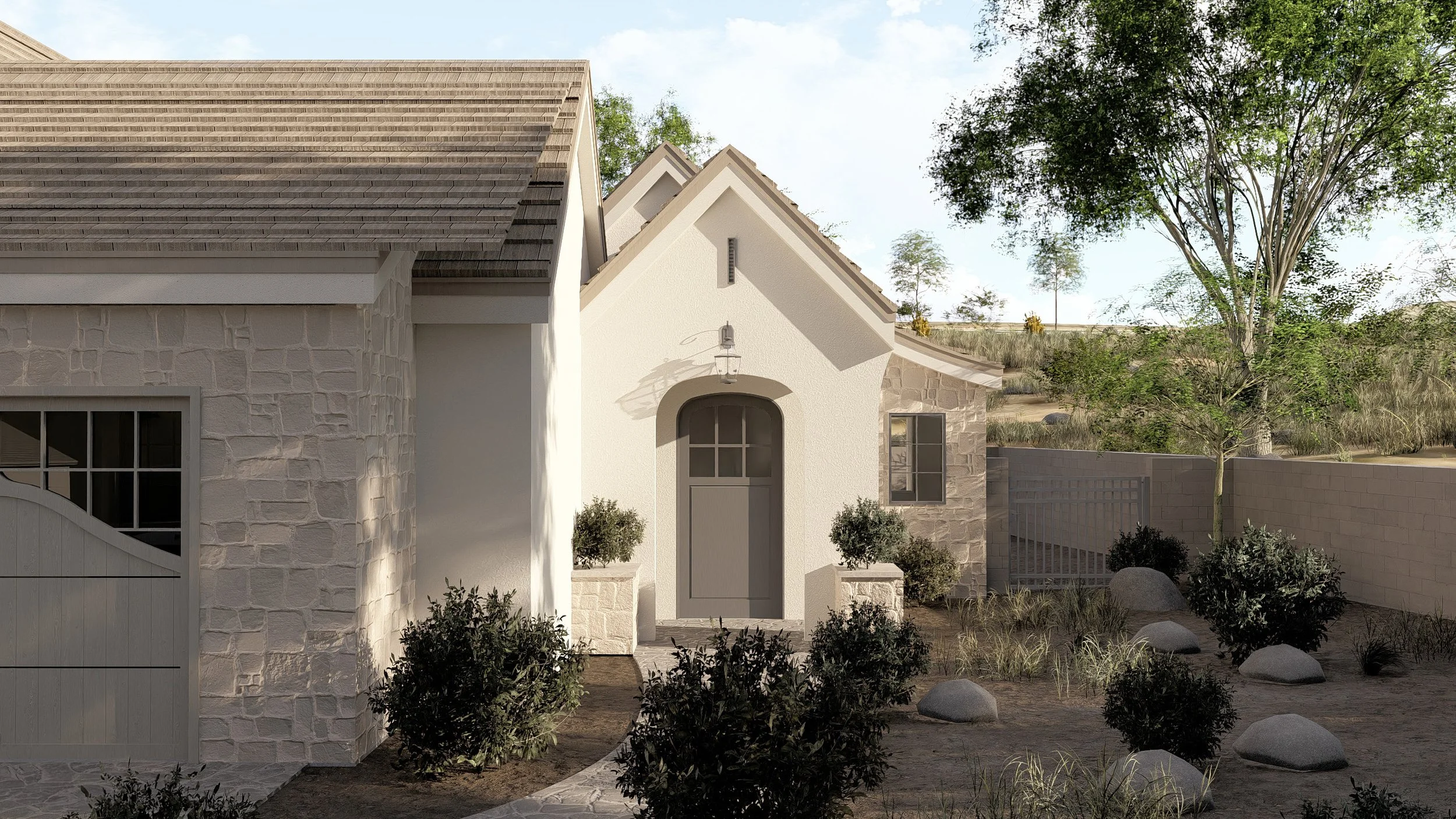 Front view of a modern house with a white facade, stone accents, a gray door, and surrounding plants and trees.
