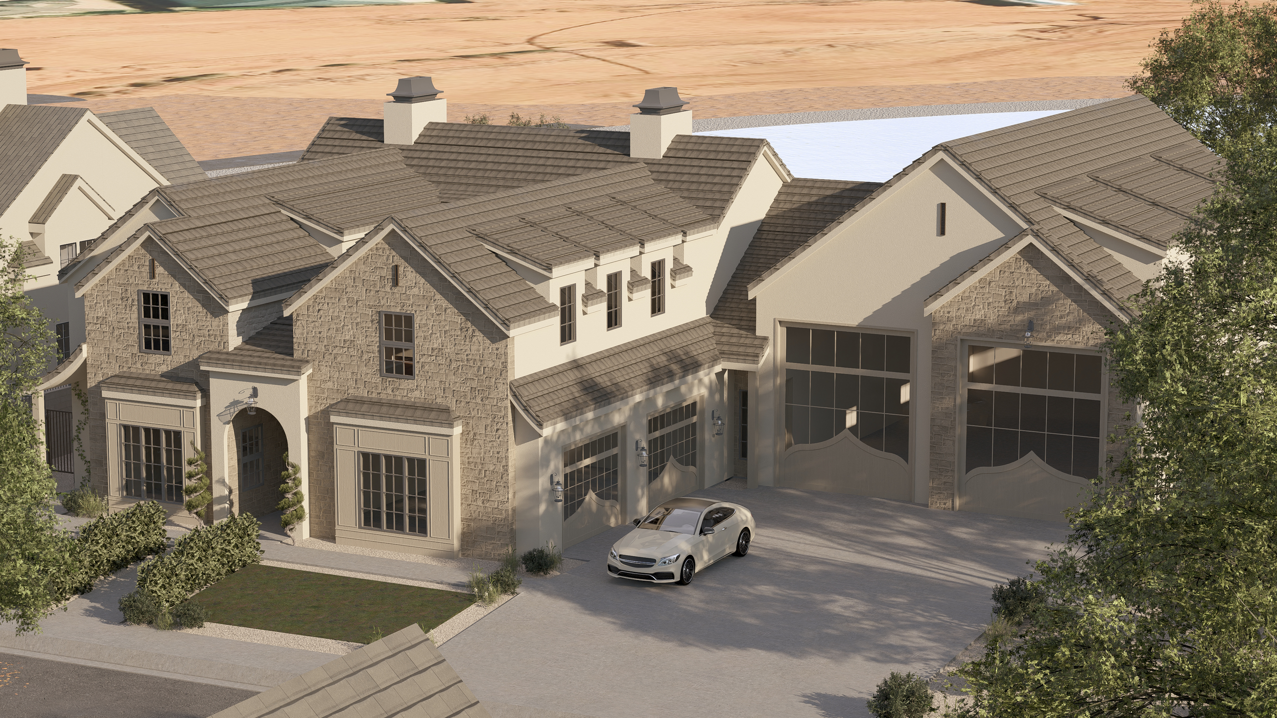 A large modern house with stone and stucco exterior, multiple garages, and a silver car parked in the driveway, with trees surrounding the property.