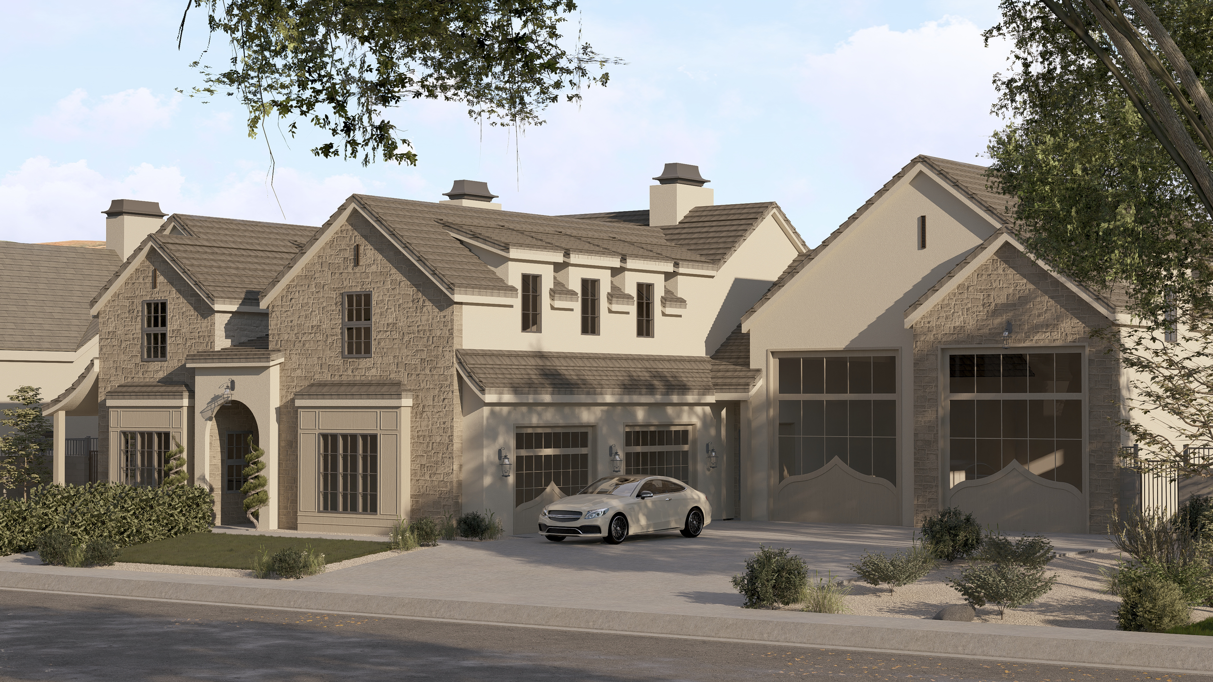 Modern two-story house with beige stone and stucco exterior, large windows with decorative molding, a driveway with a white car, landscaped front yard with bushes and desert plants, and trees on the sides.