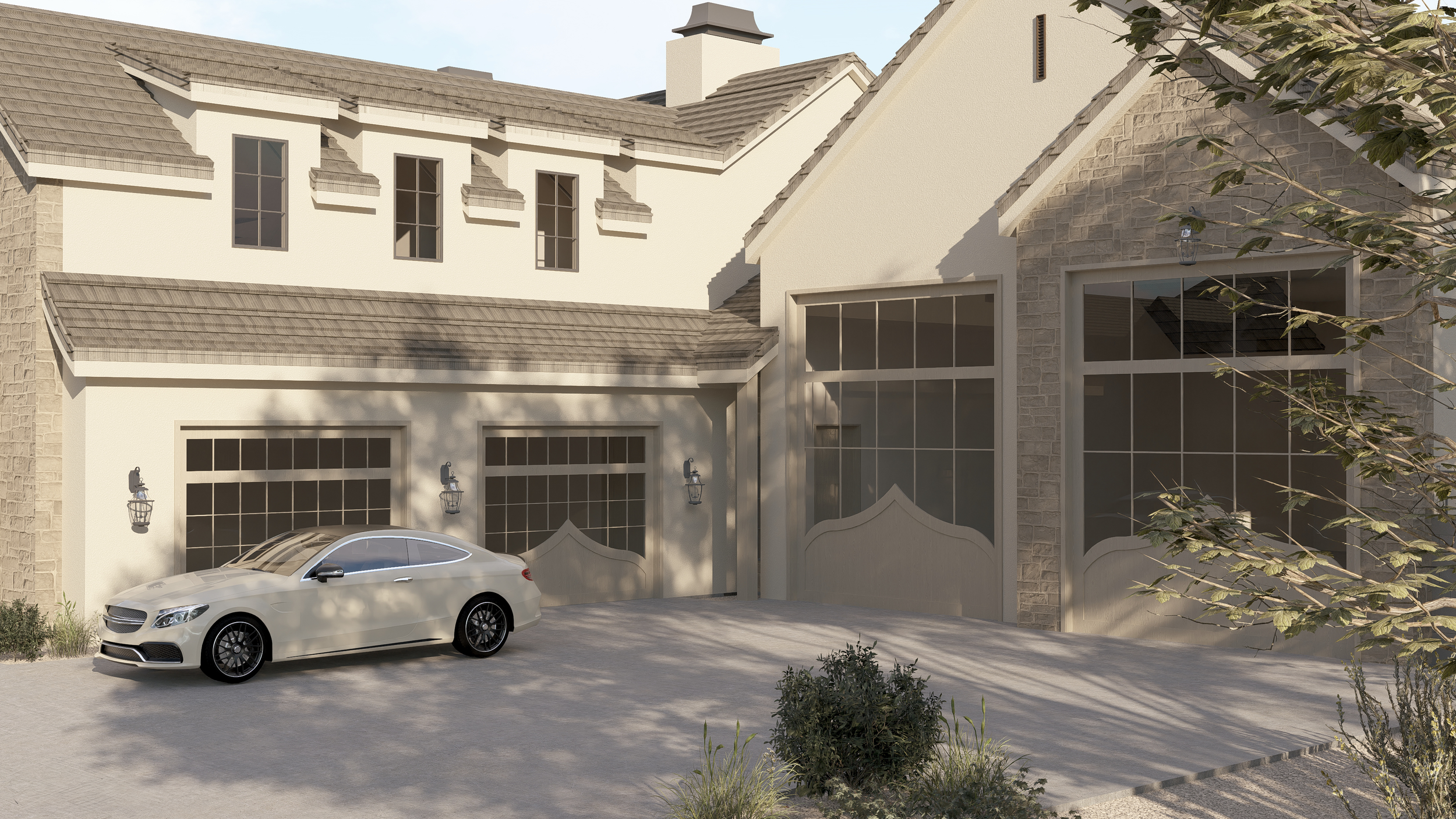 A modern house with a beige exterior, large glass windows, and a two-car garage. A white luxury car is parked in the driveway, with landscaping around the house and trees casting shadows.