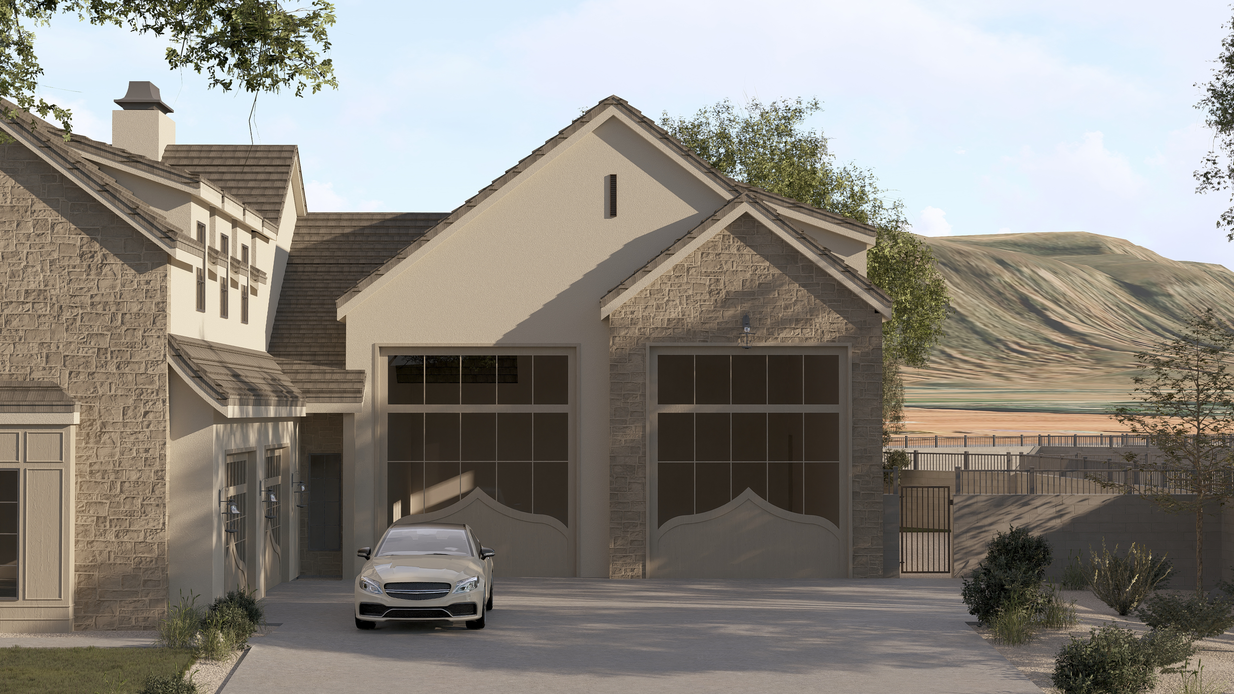 Modern house with stone and stucco exterior, large front windows, and a parked white luxury car in the driveway, set against a background of distant hills and trees.