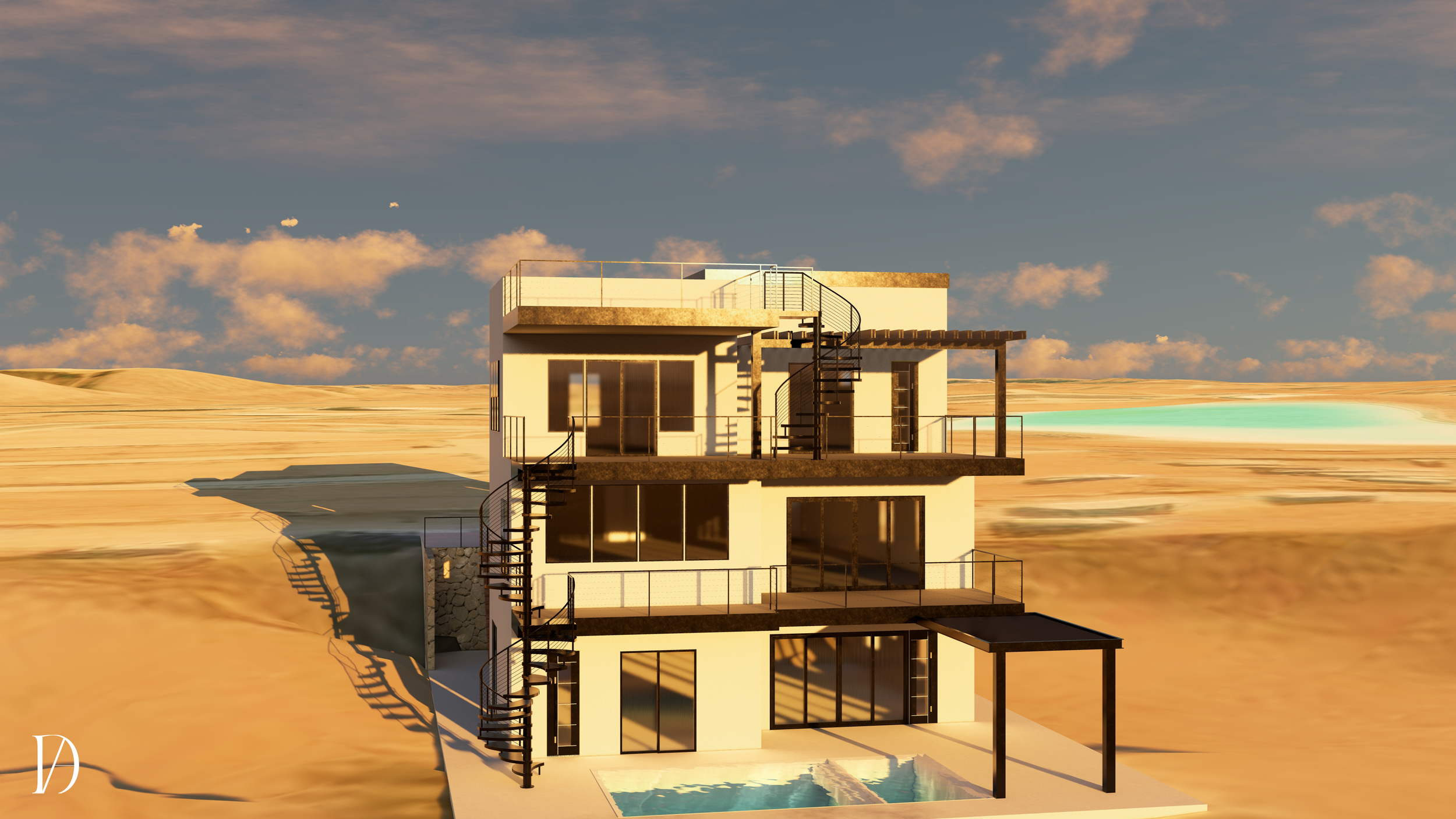 Modern multi-story house with large windows and outdoor pools, located in a desert landscape under a blue sky with clouds.
