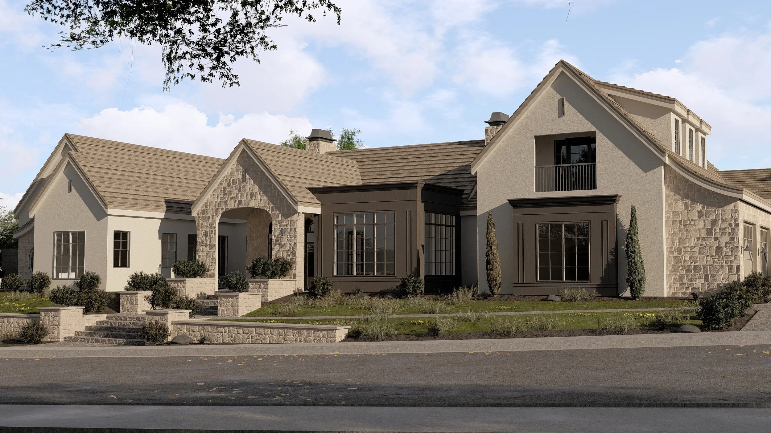 Large modern house with stone and stucco exterior, front yard with plants, and a sidewalk in the foreground