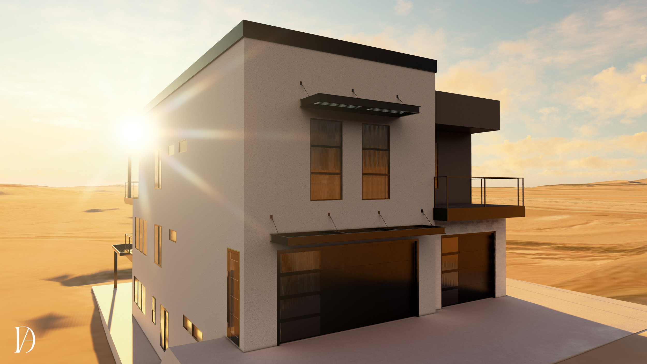 Modern white multi-story house with black accents and glass balconies in a desert landscape at sunset.