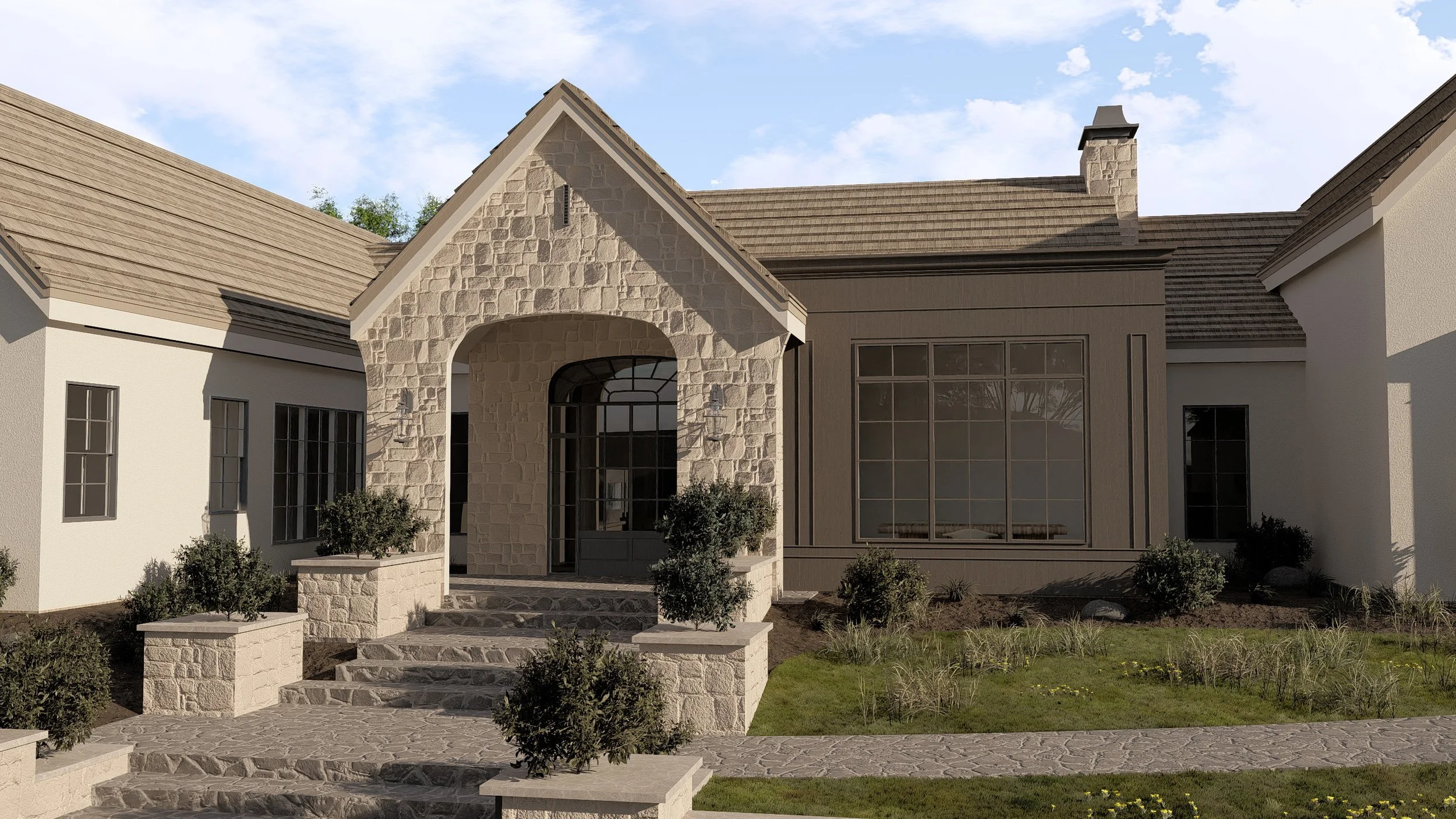 Front view of a modern house with a stone entrance archway, stone steps, windows, and landscaped garden with small bushes and a pathway.