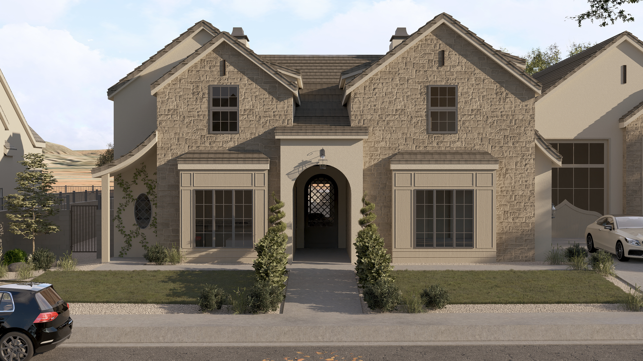 A two-story house with beige stone and white siding exterior, large front yard, paved walkway with small trees leading to front door, parked cars nearby, and neighboring houses visible on both sides.