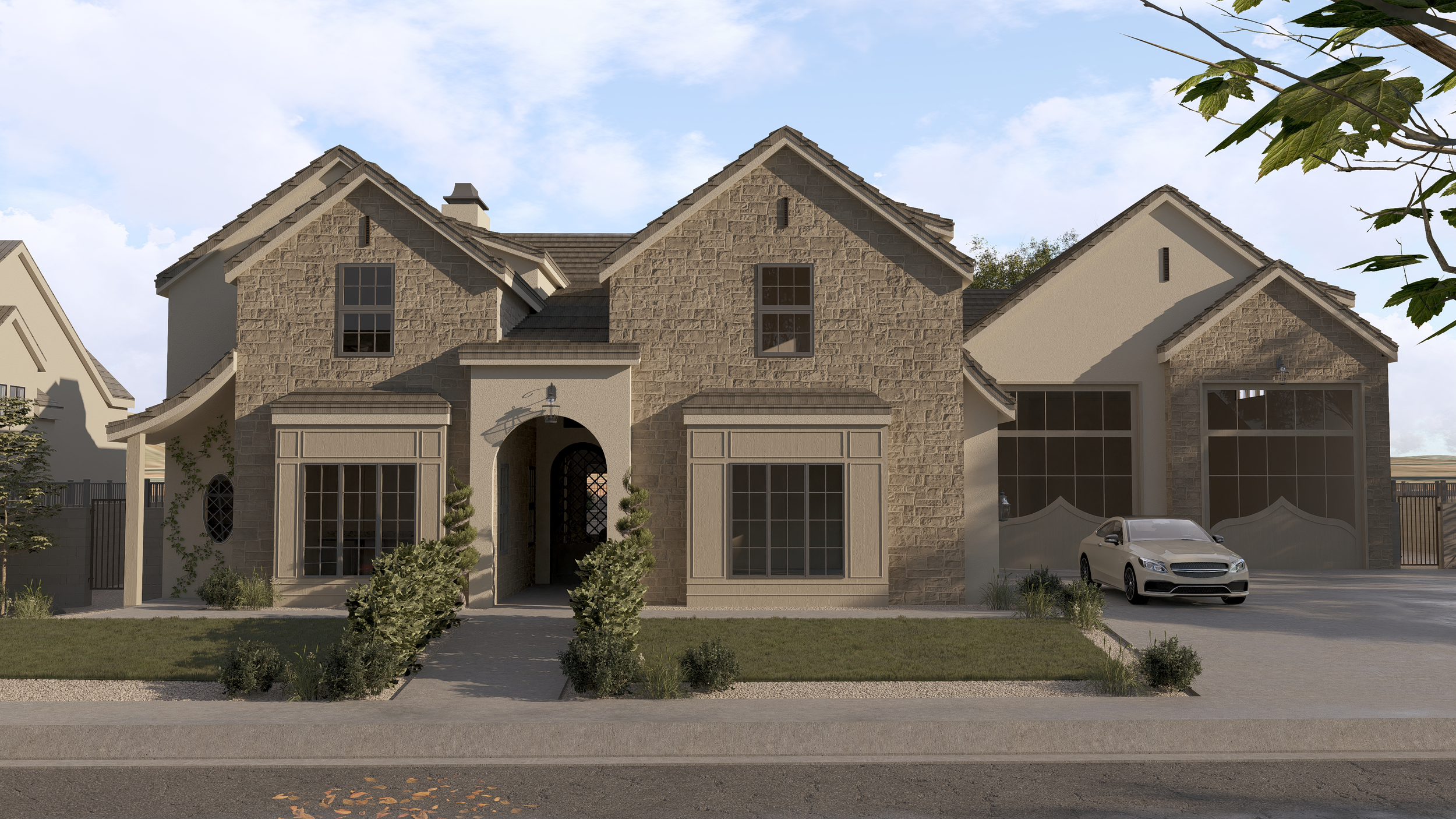 A large suburban house with stone and stucco exterior, multiple gabled roofs, and a driveway with a car parked. There are landscaped bushes and a front walkway.