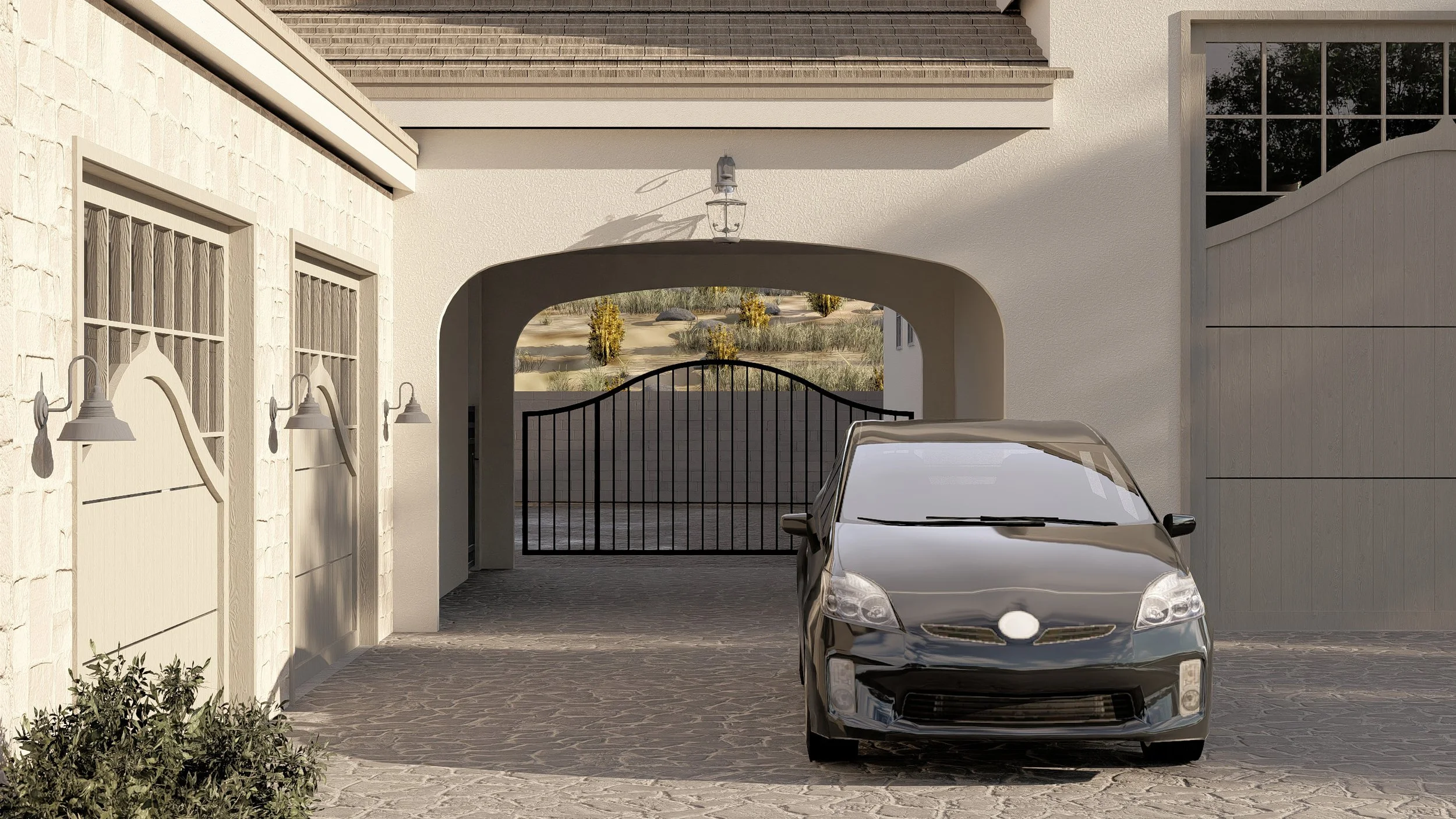 A black car parked in front of a gated entrance to a driveway with a house on one side and a hillside with trees in the background.