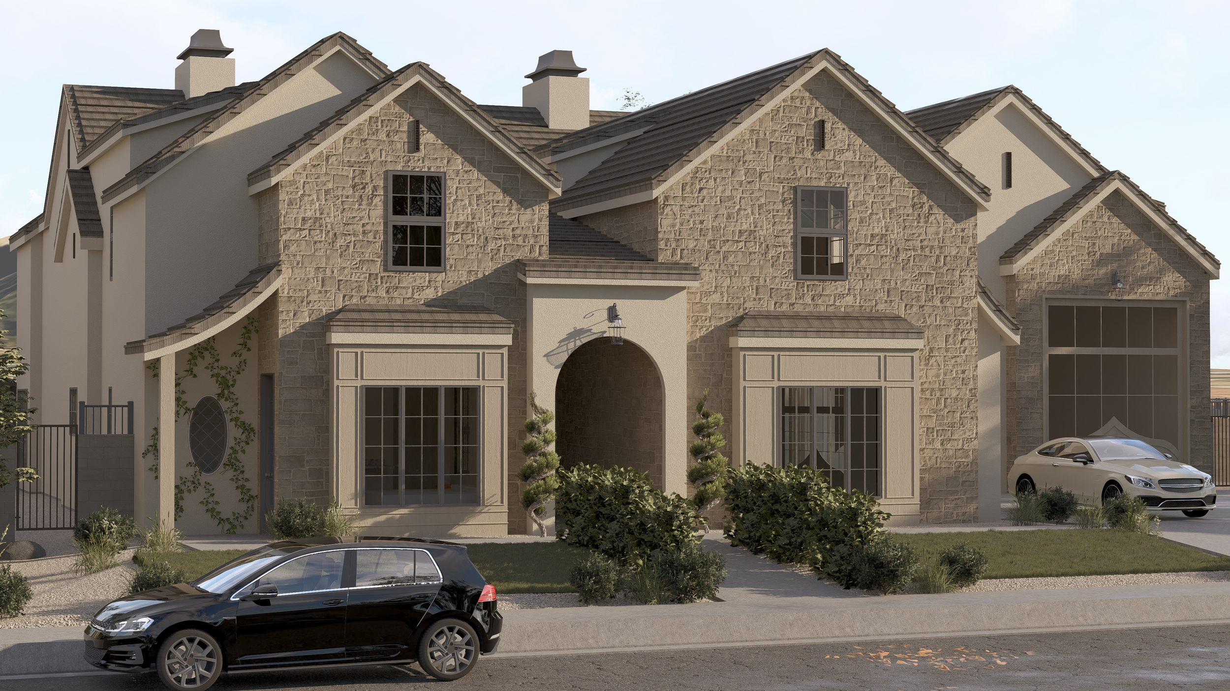 A two-story house with a stone and stucco exterior, multiple windows, a garage, two cars parked in the driveway, and landscaped bushes and grass.