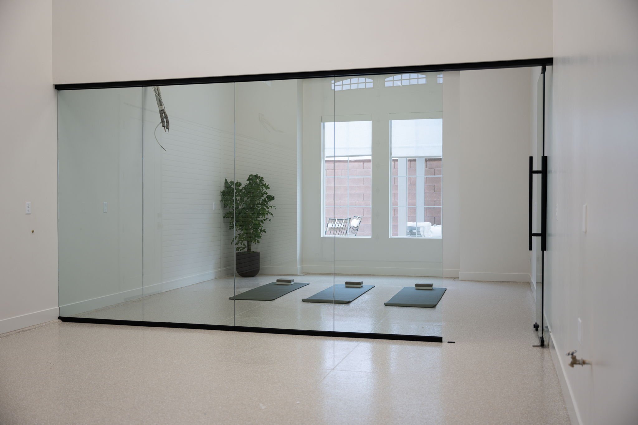 Empty room with a large glass wall or door, three yoga mats with blocks, a potted plant, and windows letting in daylight.
