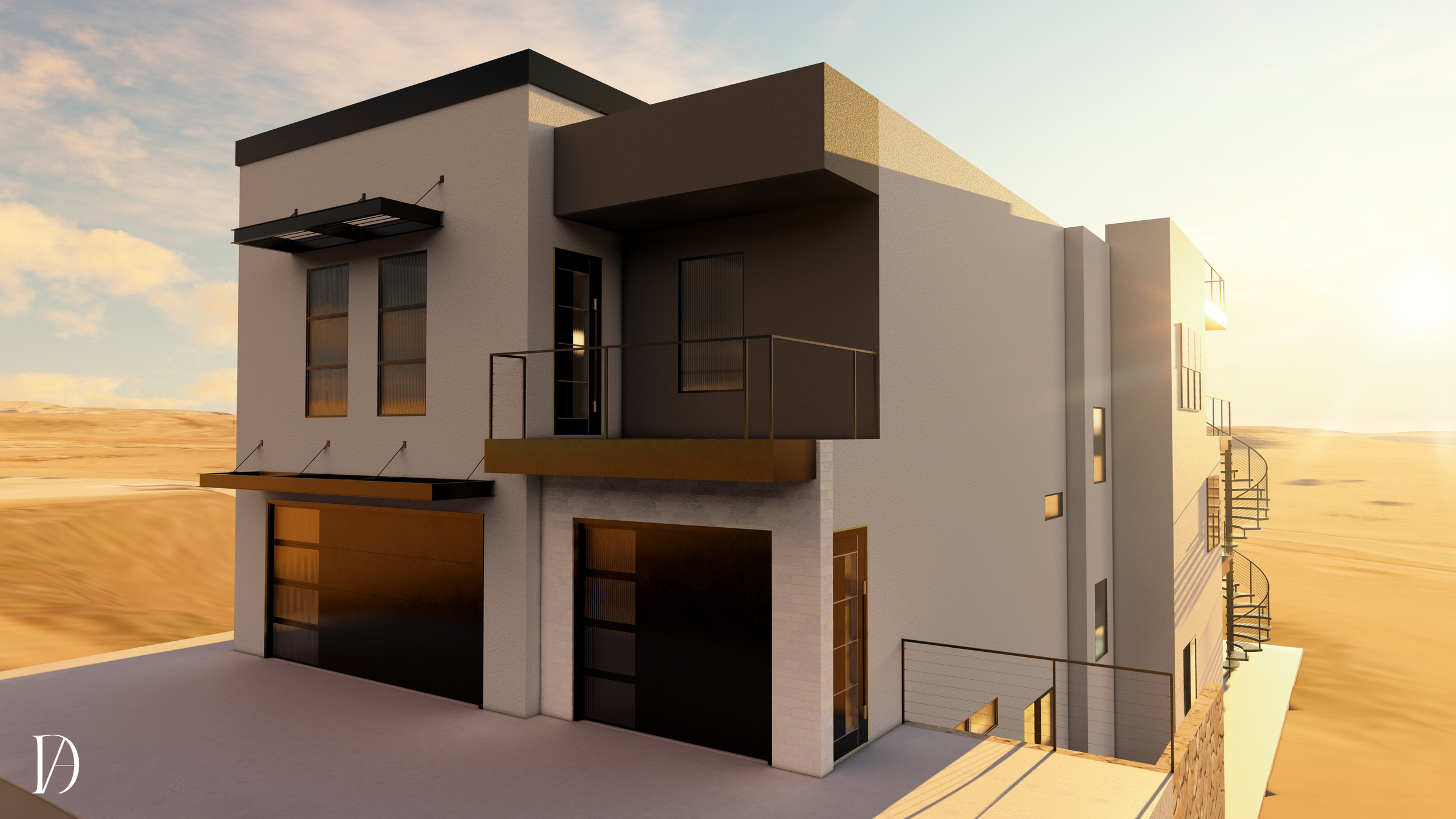 Modern multi-story house during sunset with a white exterior, black accents, large windows, a balcony, and a spiral staircase on the side.