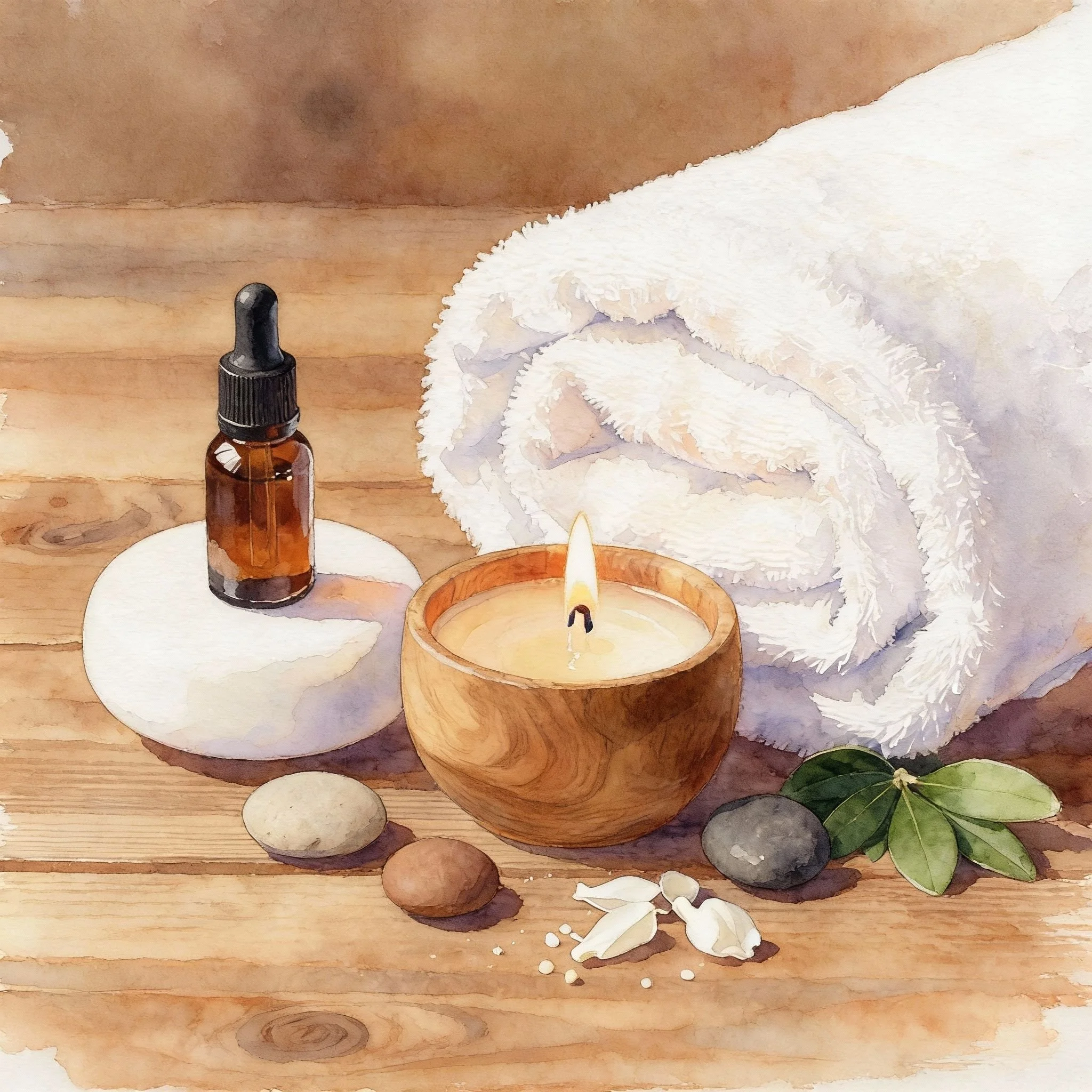 Ein Spa-Set mit weißen Handtüchern, einer Öllampe, Steinen, Aloe-Blättern, Blüten und Kräutern auf einem Holztablett