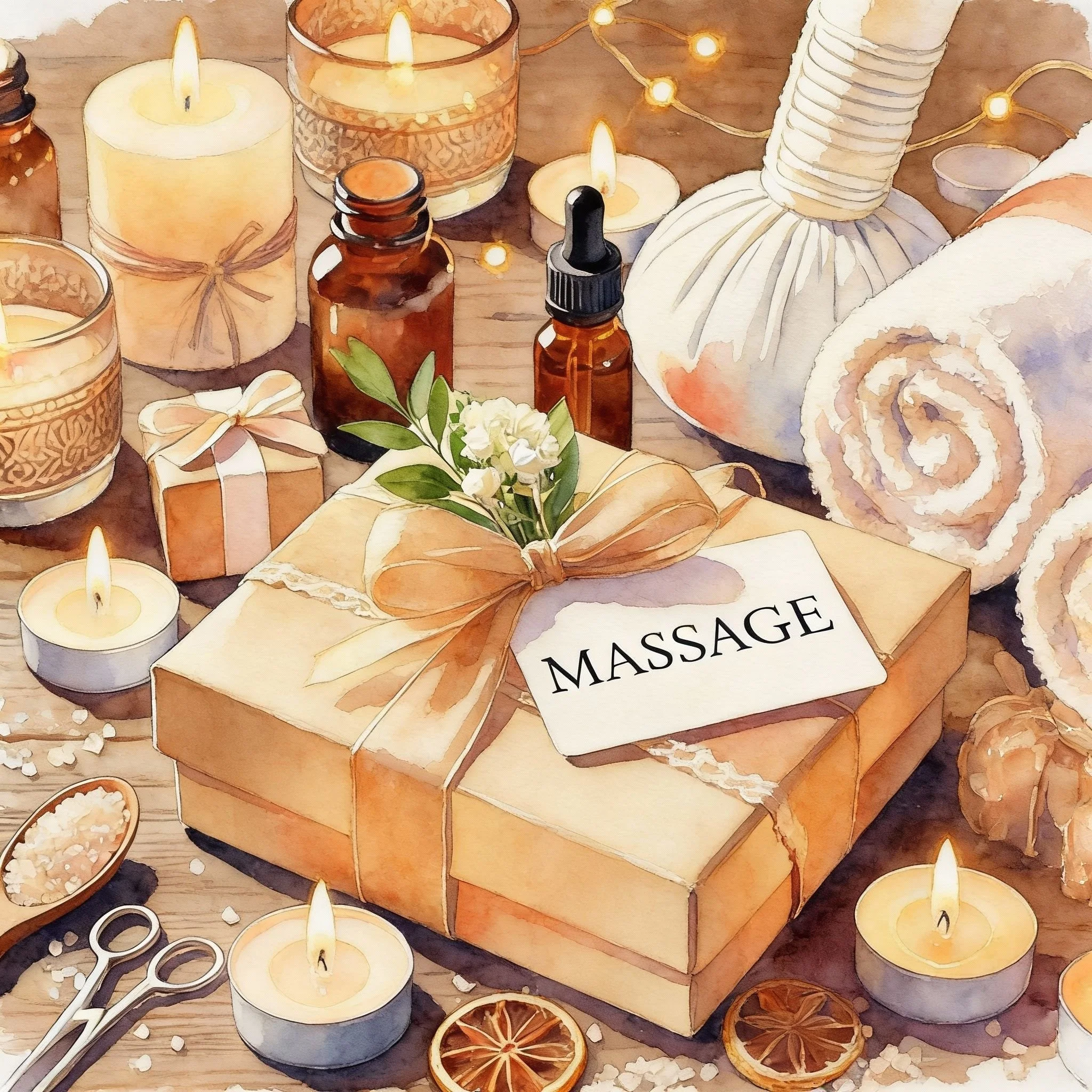 Ein Geschenkpaket mit dem Label 'Massage', umgeben von Kerzen, ätherischen Ölen, Handtüchern, Salz, Orangen- und Kräuterzweigen, Equipment für Massage, und Dekorationsgegenständen für eine Wellness-Atmosphäre.