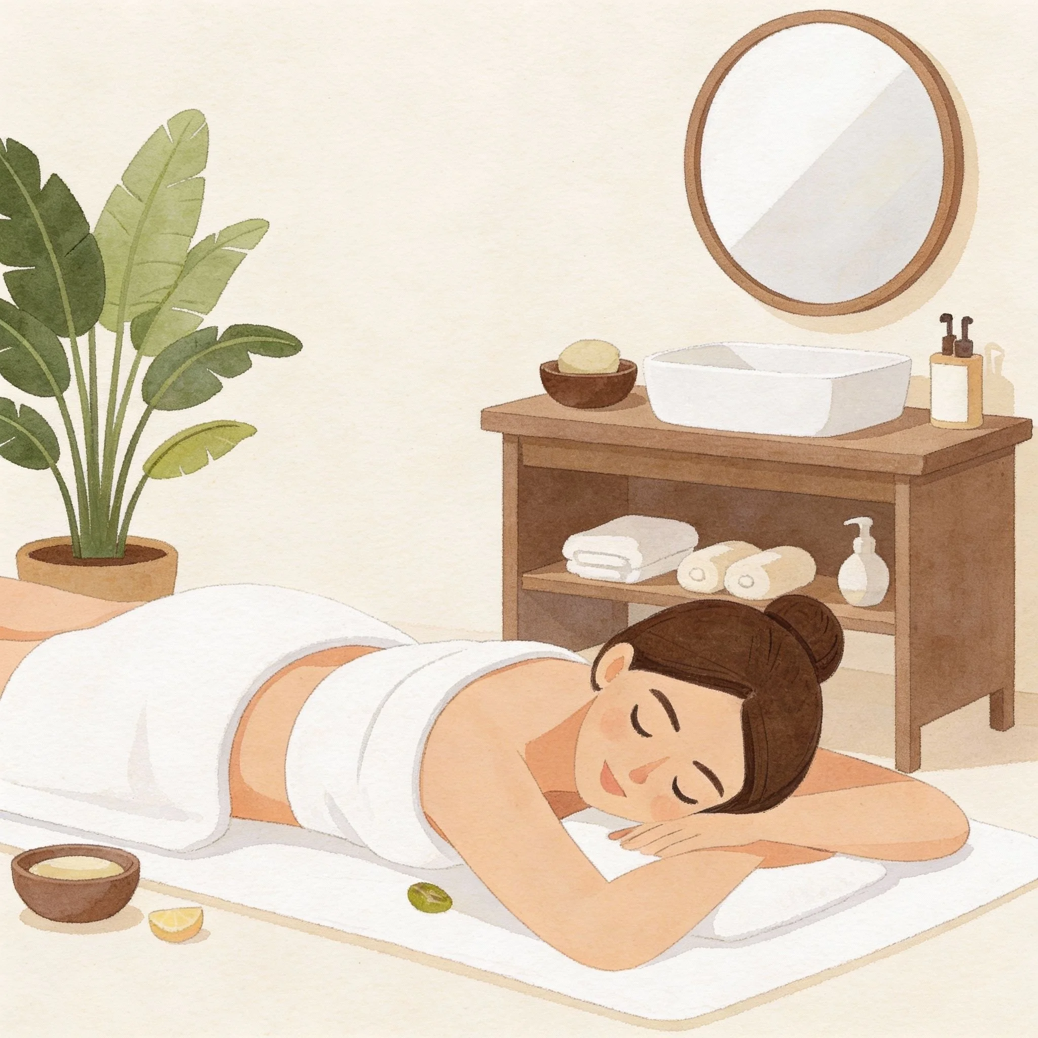 Frau beim Massage in einem Spa-Raum, umgeben von Pflanzen und Handtüchern, mit Badezusätzen auf dem Boden.