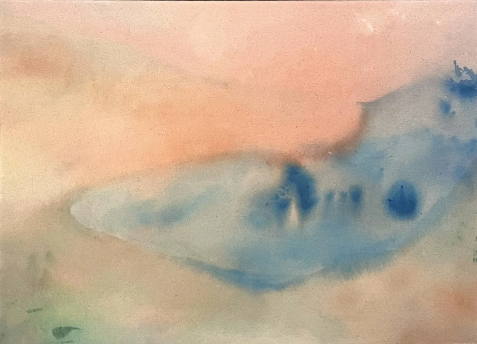 Abstract watercolor painting with shades of pink, blue, and green, featuring a blue area with darker spots.