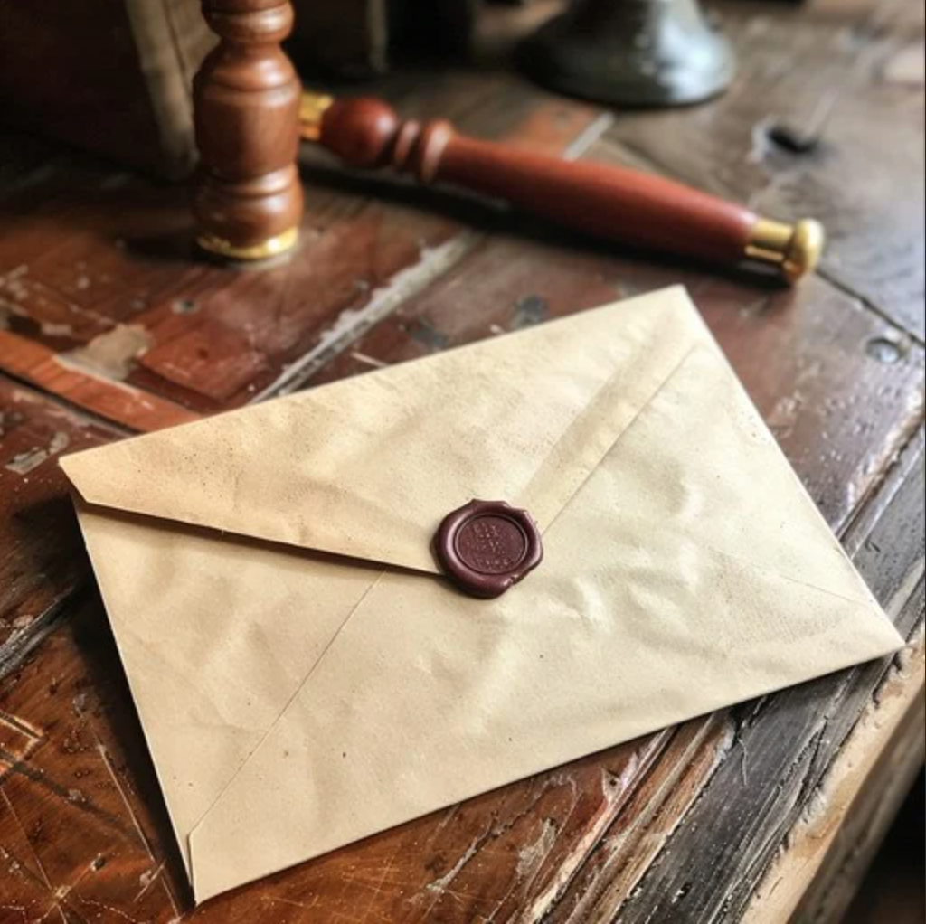 An aged beige envelope with a red wax seal rests on a worn wooden surface next to a wooden mallet and black metal object.