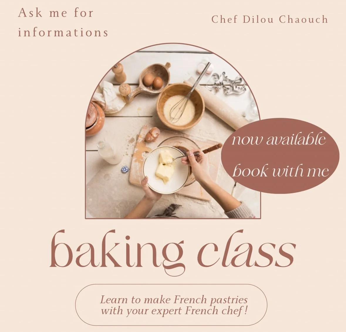 An advertisement for a baking class featuring a photo of a person preparing dough in a kitchen. The image is partly covered by text promoting the class.