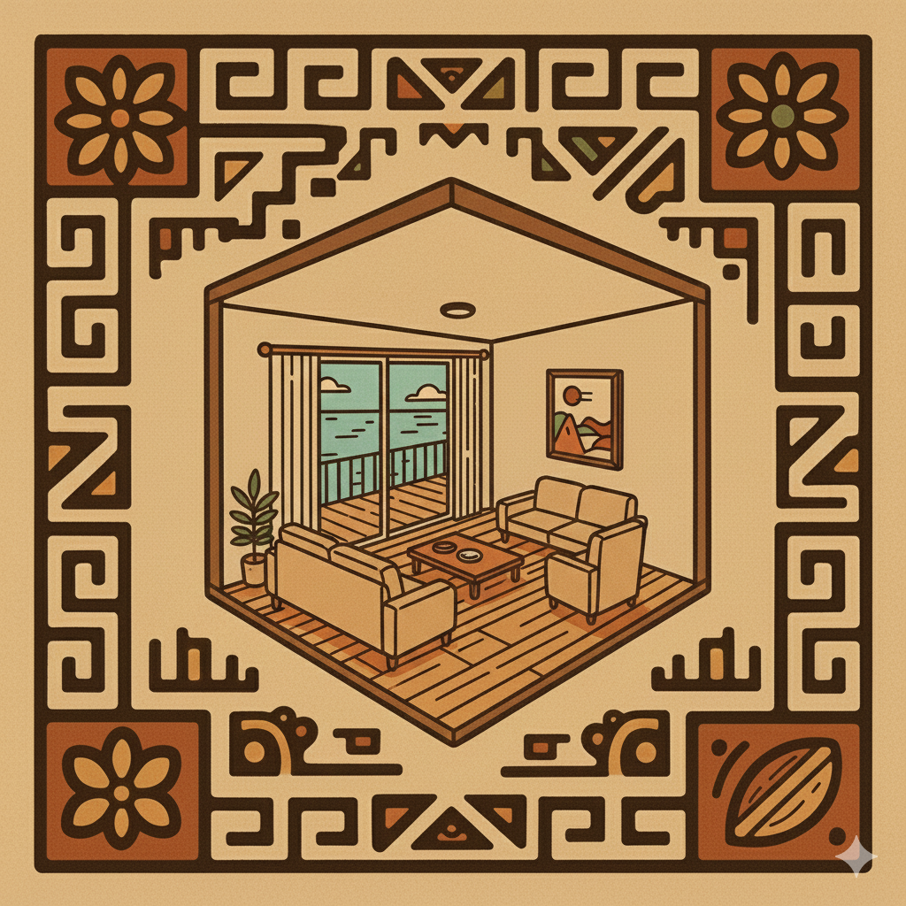 Sala de estar con vista al mar a través de puertas corredizas, muebles beige, cuadro en la pared, planta en la esquina, y decoración oriental en borde del marco.