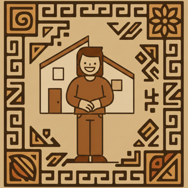 Ilustración digital de una persona sonriendo frente a una casa, con un marco decorativo de patrones geométricos y florales en tonos marrones y beige.