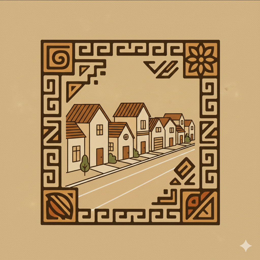 Dibujo de una fila de casas con techos de diferentes estilos, en una avenida con aceras y arbustos pequeños, enmarcado por un diseño decorativo con patrones geométricos y un símbolo floral en cada esquina.