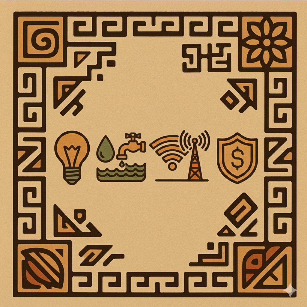 Iconos de energía, agua, seguridad y comunicación en el centro, con marco decorativo estilo tradicional latinoamericano.