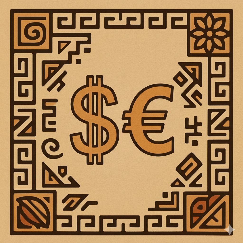 Símbolos de dólar y euro con marco decorativo en estilo oriental.