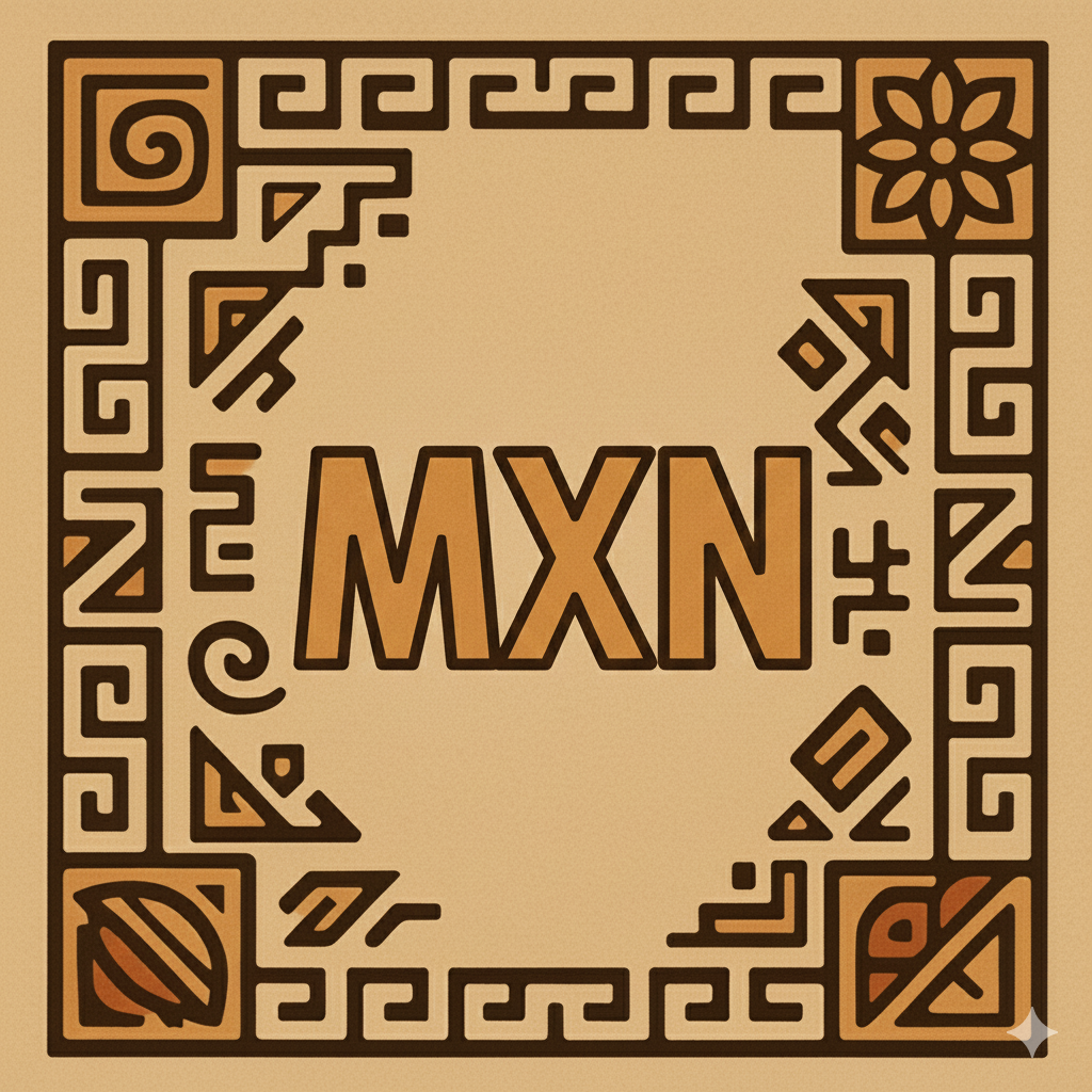 Diseño decorativo con letras 'MXN' en el centro y bordes con patrones geométricos y florales en tonos marrón y beige.