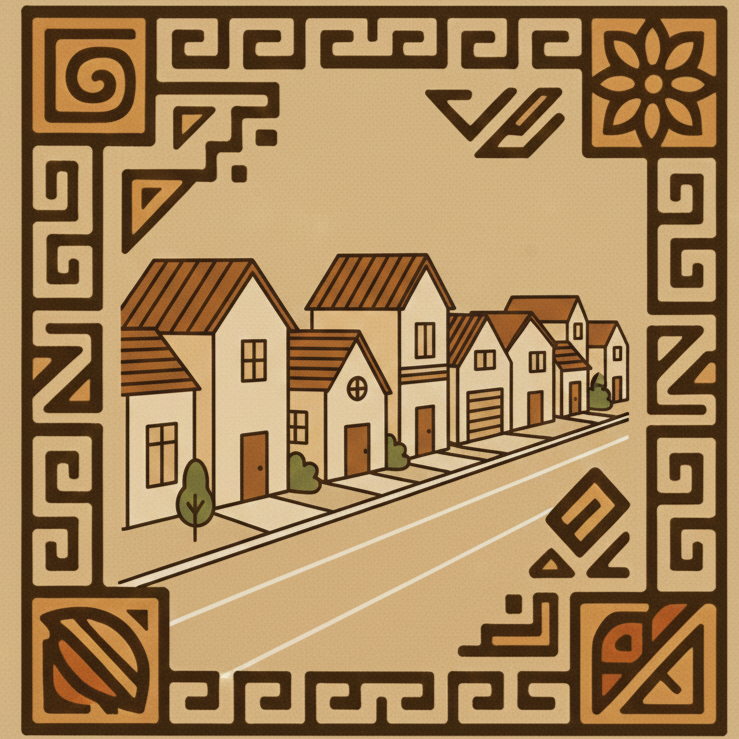 Ilustración de casas residenciales en una calle, rodeada de un marco decorativo con motivos geométricos y florales en tonos marrones.