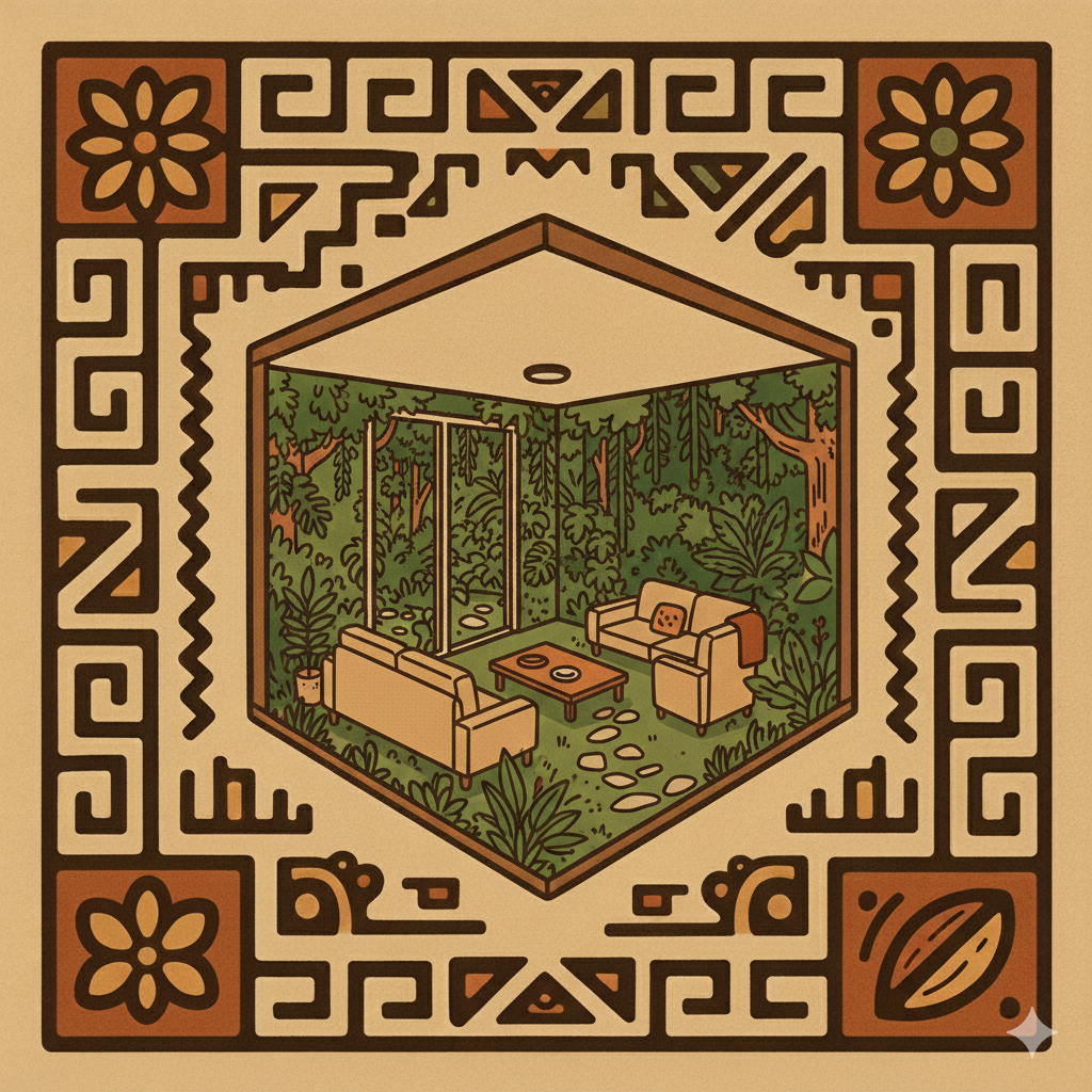 Una ilustración de una sala de estar rodeada de plantas y árboles, vista a través de una ventana grande. La sala tiene dos sillones, una mesa de café y una silla, todo decorado en tonos cálidos y verdes, en un estilo minimalista y acogedor.