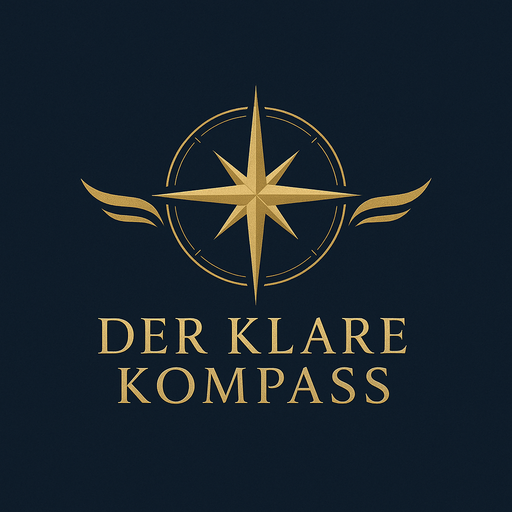 Goldener Kompass mit Flügeln auf dunklem Hintergrund, darunter der Schriftzug "DER KLARE KOMPASS".