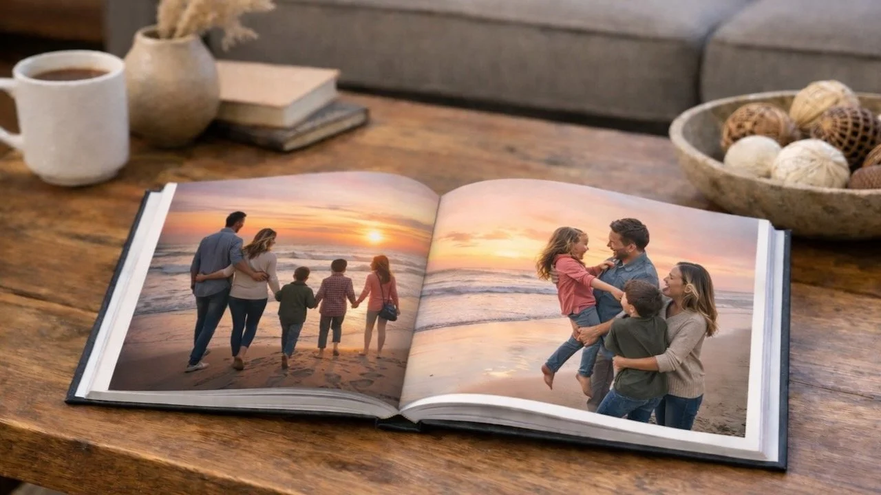 Open photo album on a wooden table showing family pictures at the beach during sunset, with a family of five walking on the sand and playing near the water.