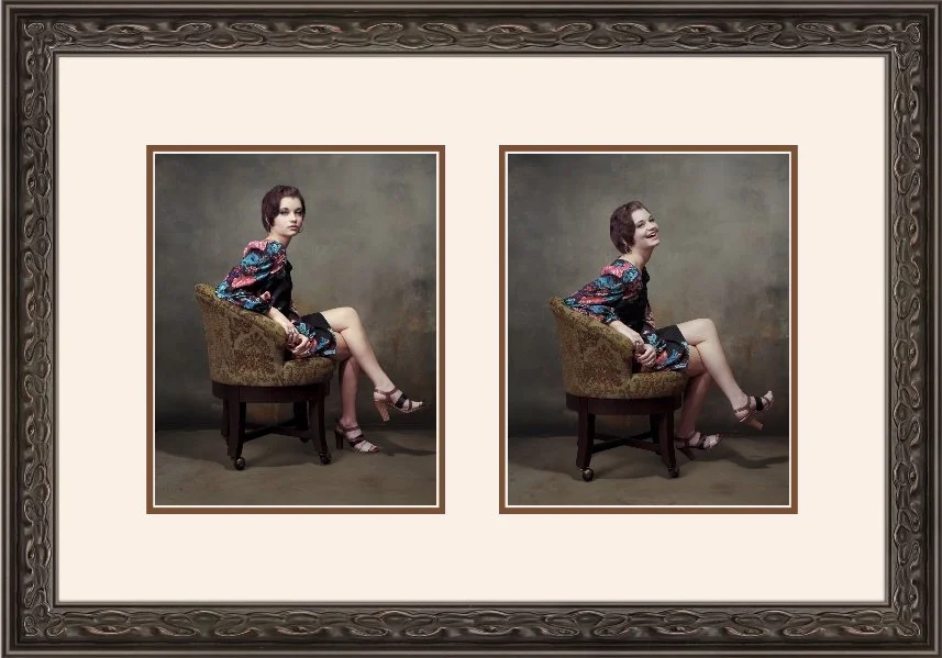 Side-by-side portrait photographs of a woman sitting on an ornate upholstered chair against a plain background, one with a serious expression and the other smiling.