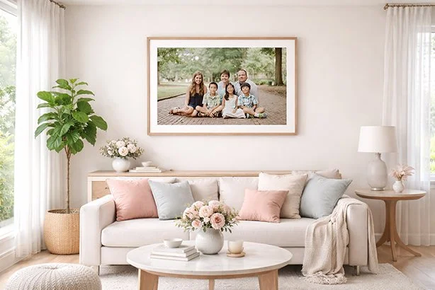 Living room with a white sofa decorated with pink and blue pillows, a round coffee table with flowers and books, a large framed family photograph on the wall, a tall green plant in a woven basket, and a side table with a white lamp and vase, with white curtains and natural light.