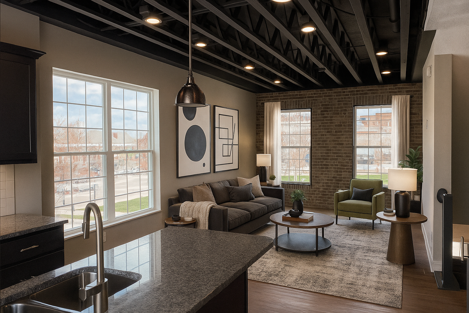 Living room with large windows, a dark sofa, a green armchair, a rug, two round coffee tables, wall art, lamps, and a brick wall background.