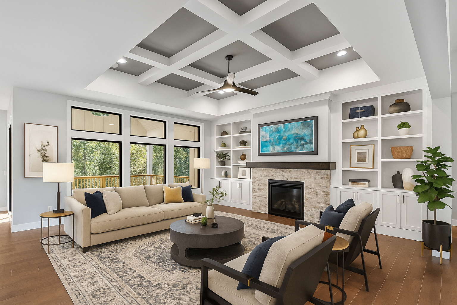 Modern living room with large windows, beige sofa, two armchairs, a round coffee table, a fireplace with a large flat-screen TV above, built-in shelves with decorative items, a ceiling fan, and a leafy potted plant.