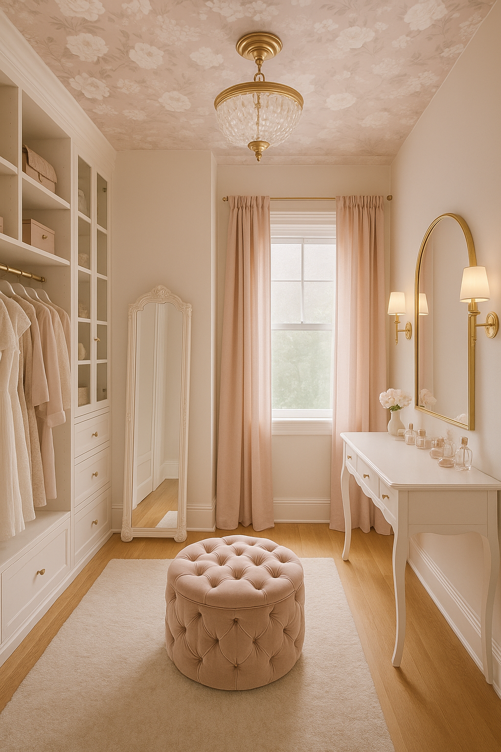 A beautifully decorated walk-in closet with soft pastel pink curtains, a white vanity table with a gold-framed mirror, a tufted pink ottoman, a full-length mirror, and a ceiling light fixture.
