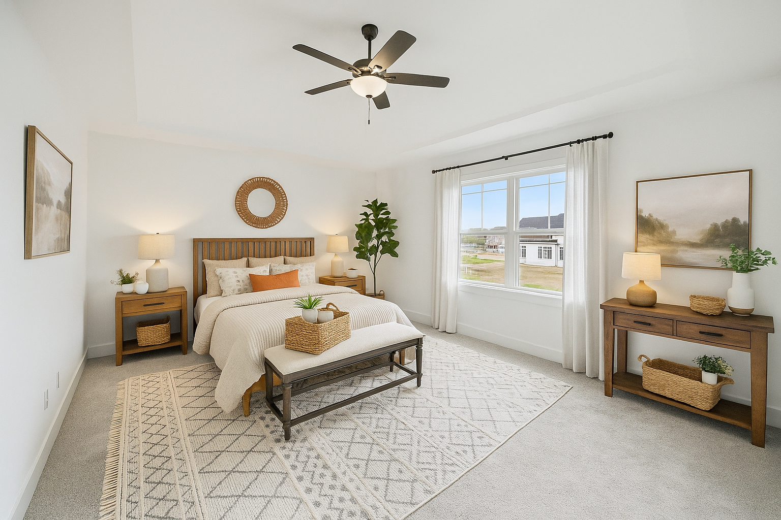 Digital home staging for real estate listing showcasing furnished living space.