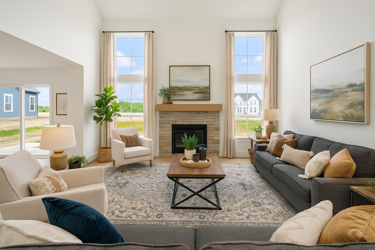 Real estate marketing image showing staged model home interior