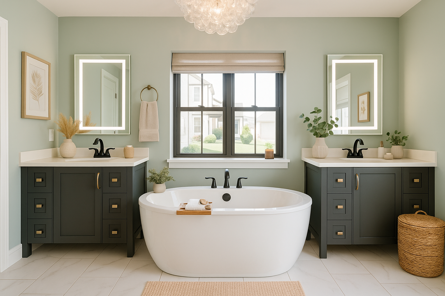 A modern bathroom with a ship-shaped bathtub between two dark gray vanities, each with a mirror and greenery, green walls, beige floor tiles, and a large window with a beige Roman shade.
