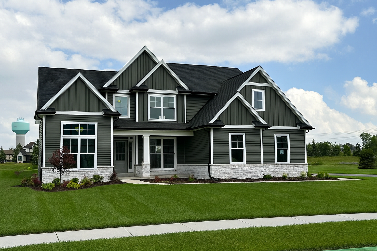 Digital completion of new construction home exterior with landscaping