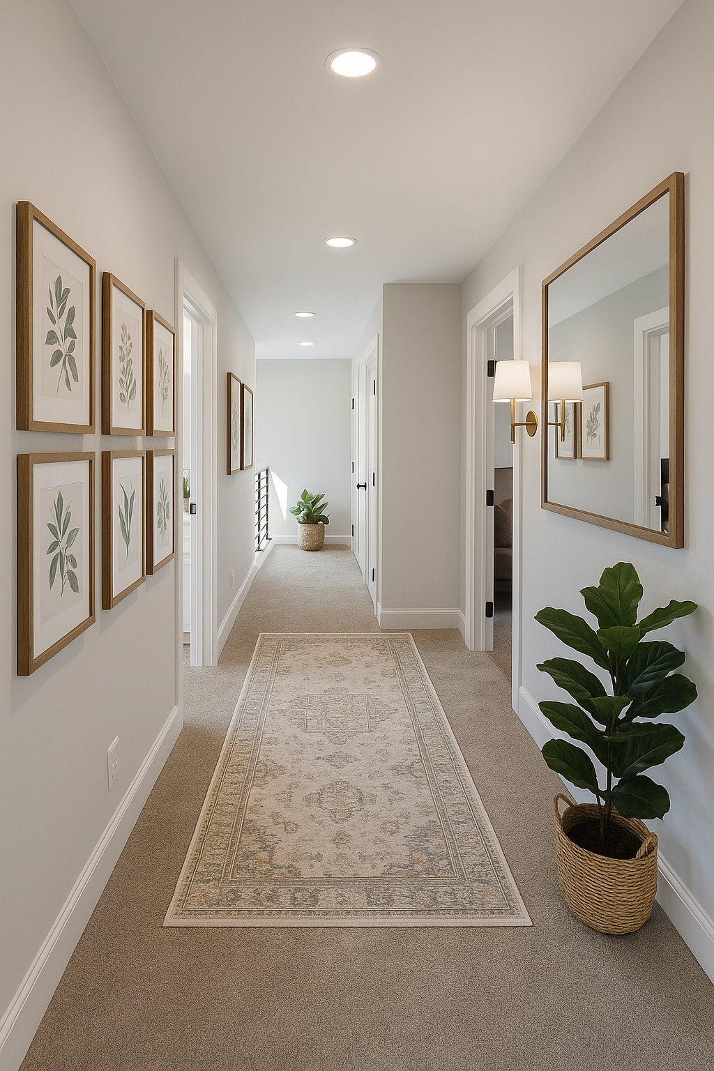 Photo-realistic virtual staging of hallway with cozy décor.
