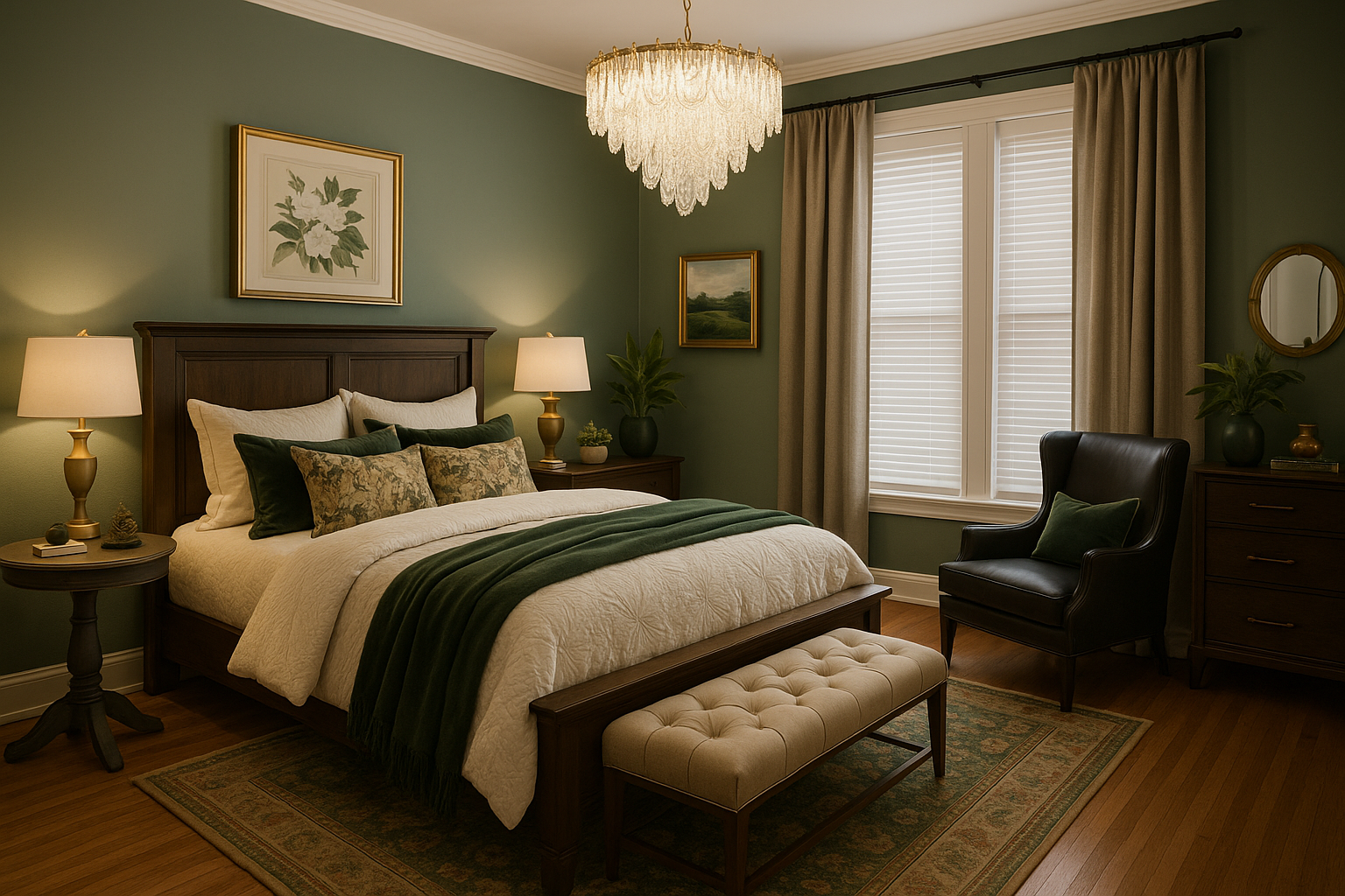 A cozy bedroom with a dark wooden bed frame, cream bedspread, and green throw blanket. There are decorative pillows on the bed and matching bedside lamps. The room has green walls, artwork, and a window with blinds and curtains. A black armchair with a green pillow, a dresser, and a tufted bench at the foot of the bed complete the decor.